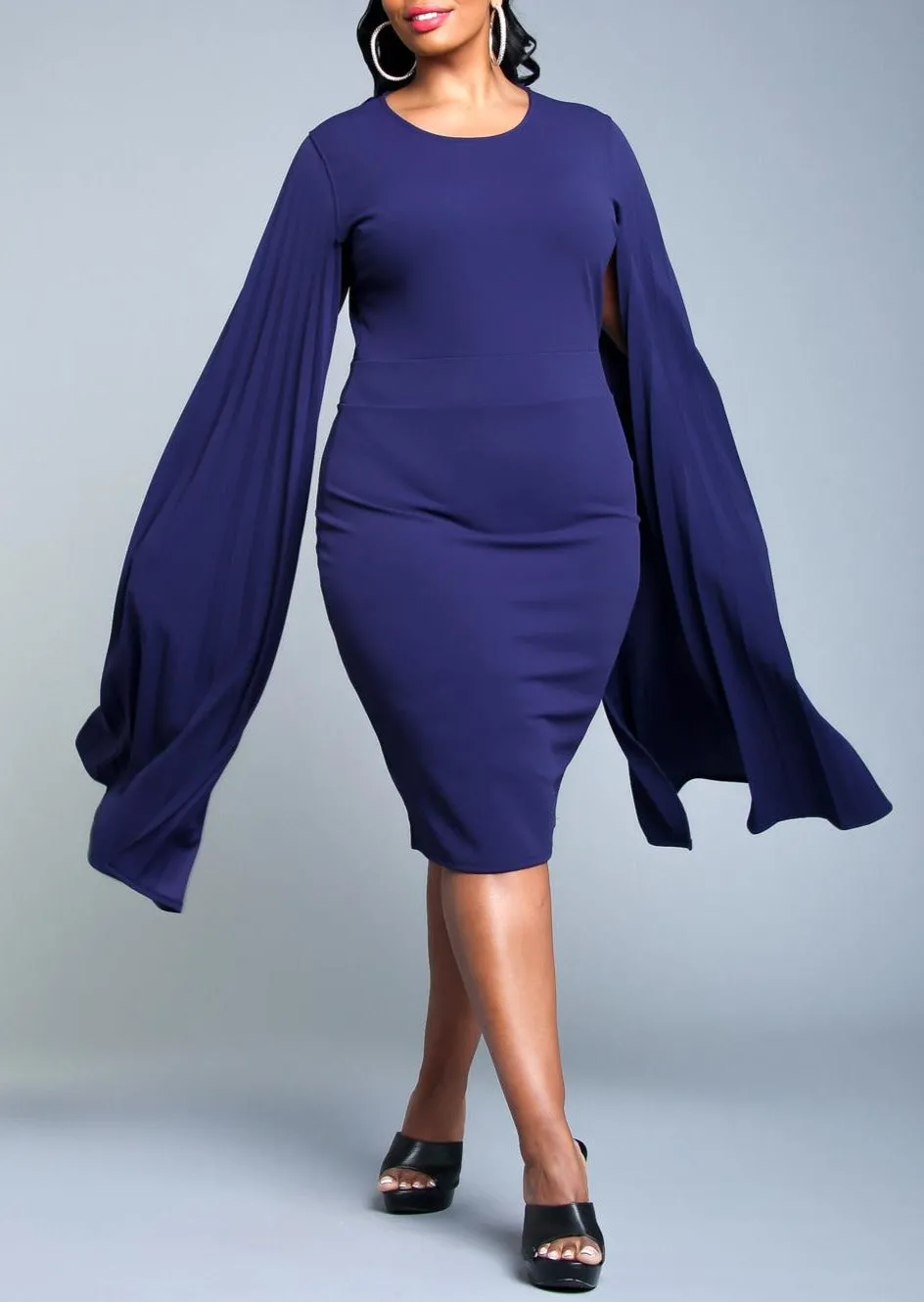 Hi Curvy Plus Size Women Pleated Cape Sleeve Bodycon Dress