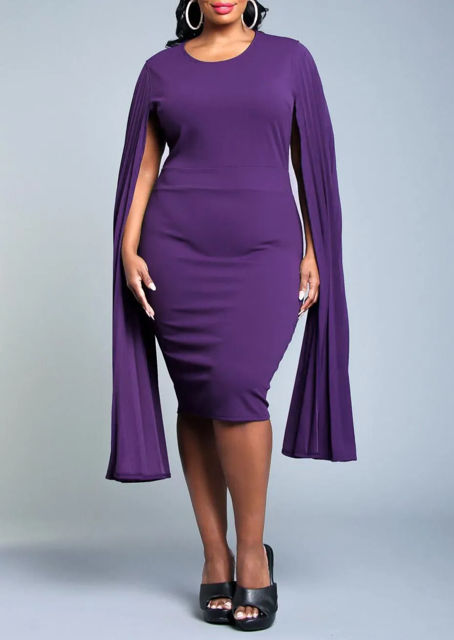 Hi Curvy Plus Size Women Pleated Cape Sleeve Bodycon Dress