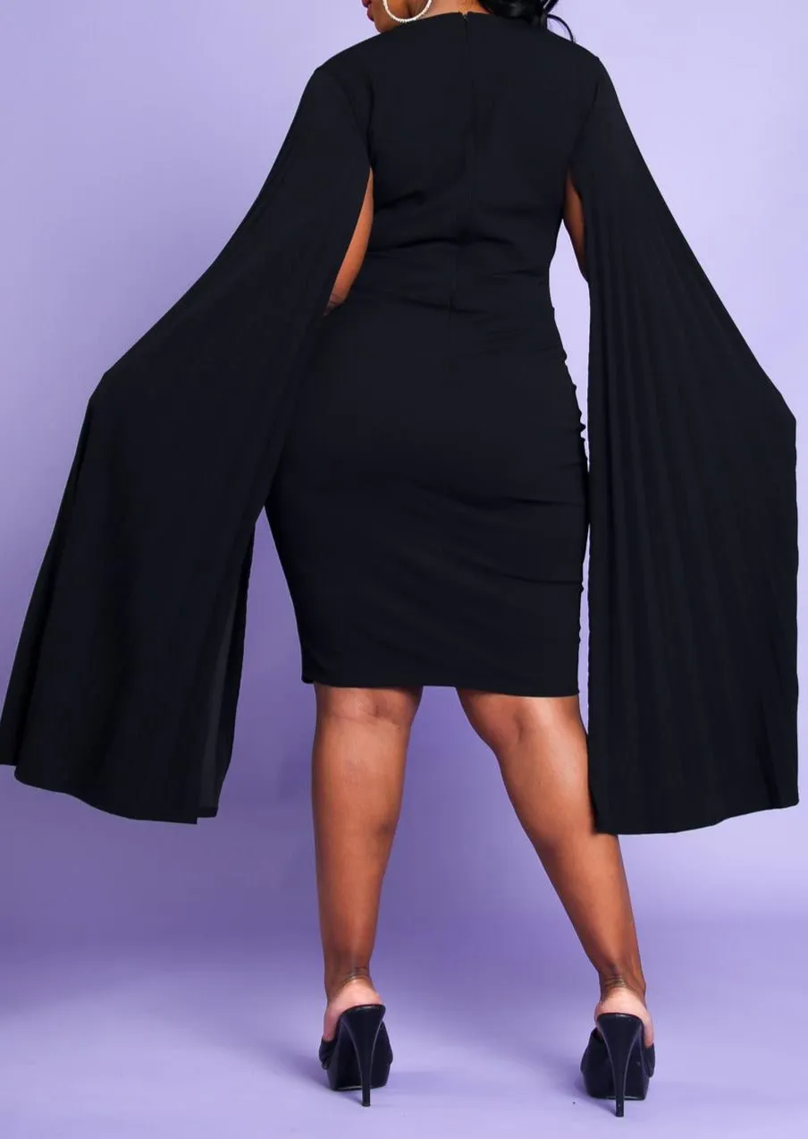 Hi Curvy Plus Size Women Pleated Cape Sleeve Bodycon Dress