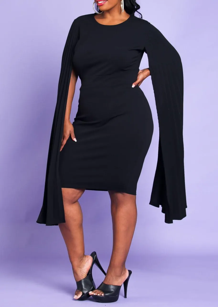 Hi Curvy Plus Size Women Pleated Cape Sleeve Bodycon Dress