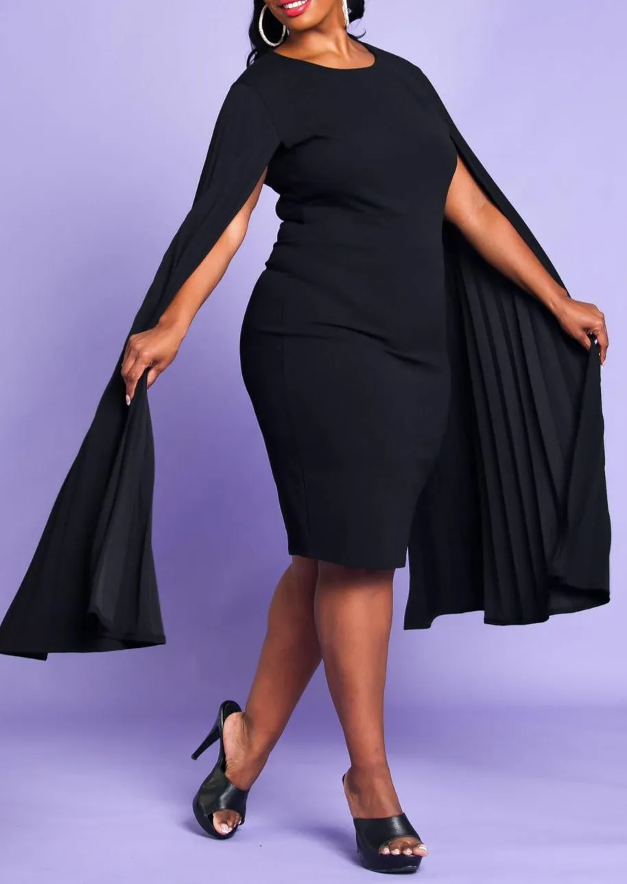 Hi Curvy Plus Size Women Pleated Cape Sleeve Bodycon Dress