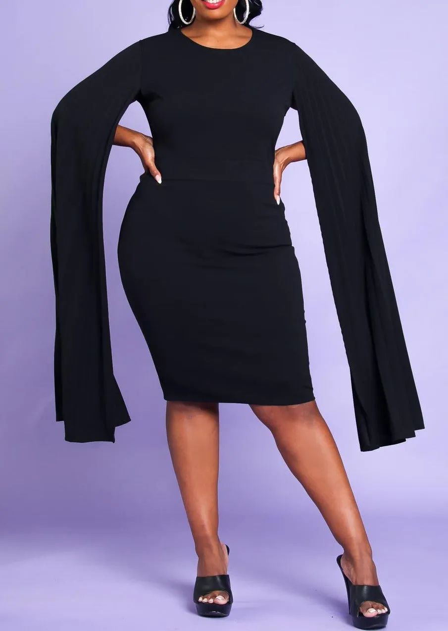 Hi Curvy Plus Size Women Pleated Cape Sleeve Bodycon Dress