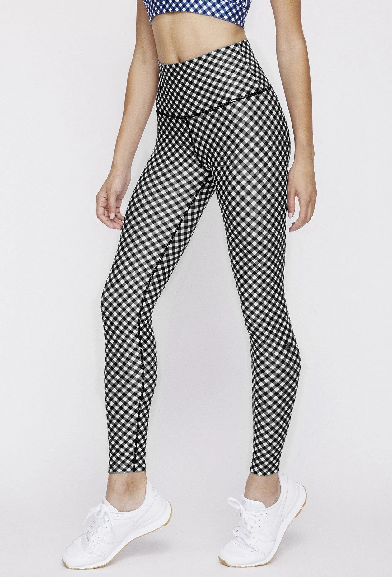 High Waist Reversible Leggings Black Gingham - Sky Blue Gingham