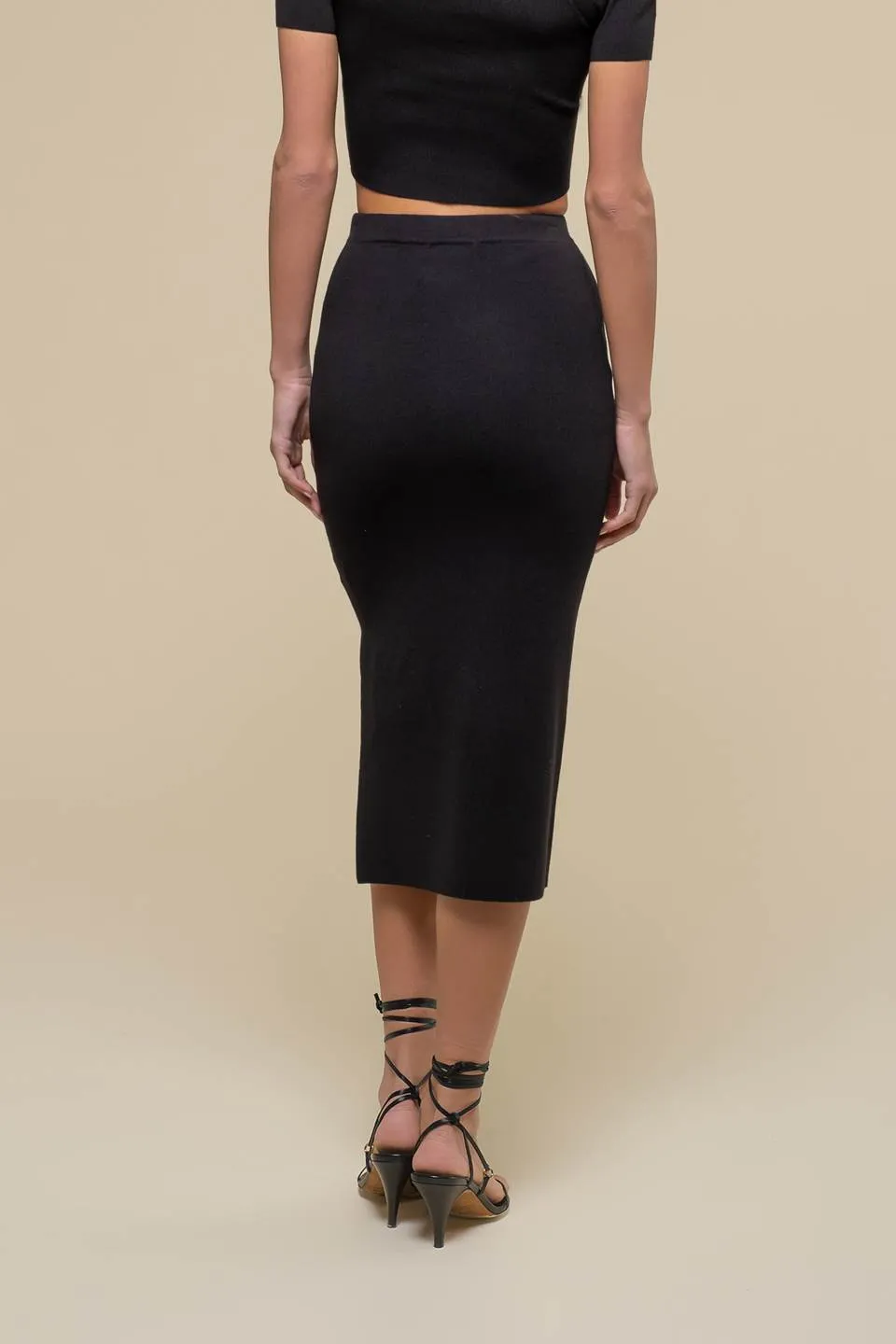 HIGH WAIST SIDE SLIT SWEATER KNIT MIDI SKIRT