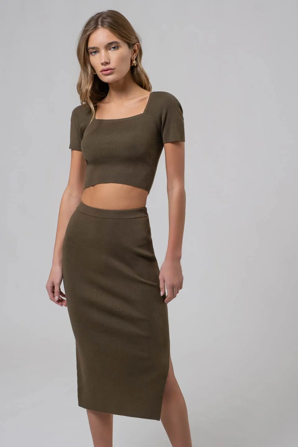 HIGH WAIST SIDE SLIT SWEATER KNIT MIDI SKIRT