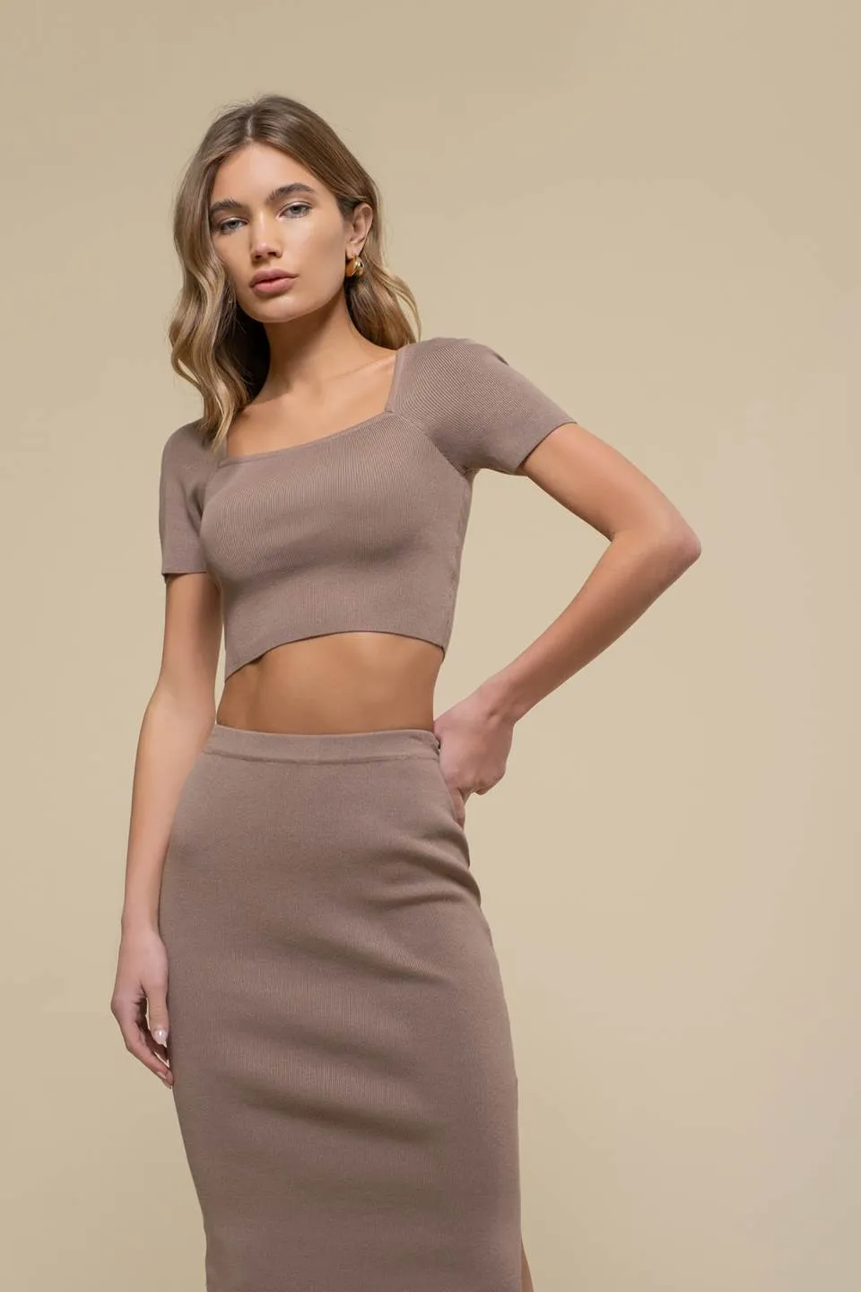 HIGH WAIST SIDE SLIT SWEATER KNIT MIDI SKIRT