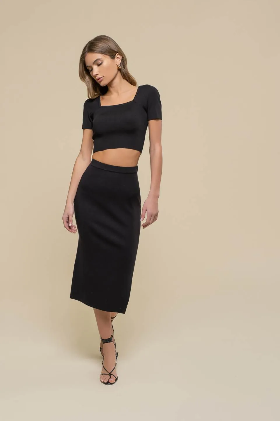 HIGH WAIST SIDE SLIT SWEATER KNIT MIDI SKIRT