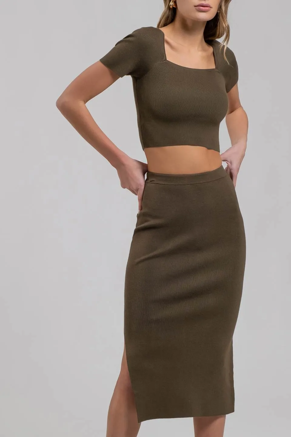 HIGH WAIST SIDE SLIT SWEATER KNIT MIDI SKIRT