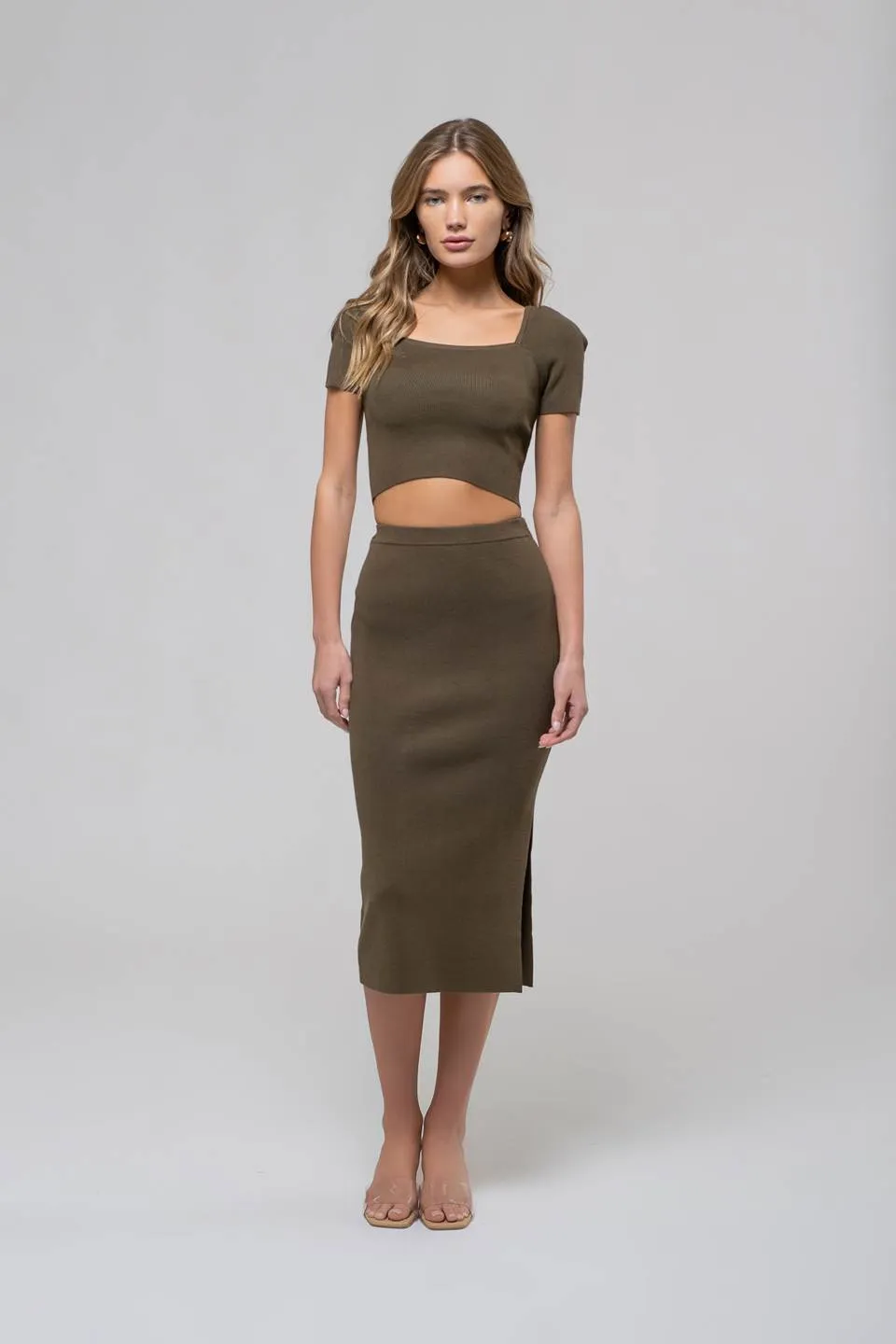 HIGH WAIST SIDE SLIT SWEATER KNIT MIDI SKIRT