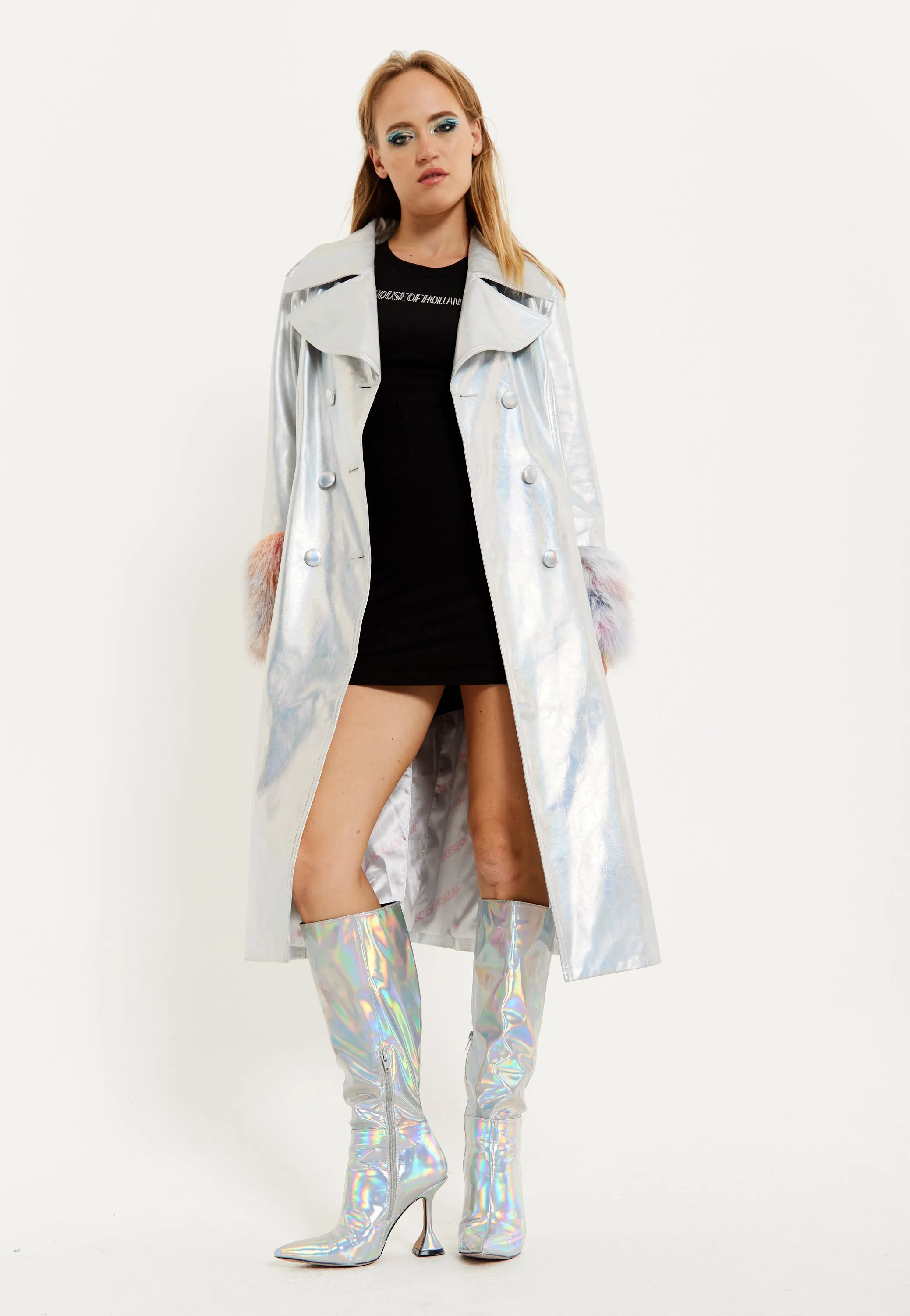 House Of Holland Fur Cuff Iridescent Trench Coat