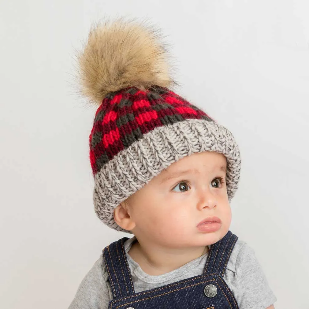 Huggalugs Pom Pom Beanie - Red Buffalo Check