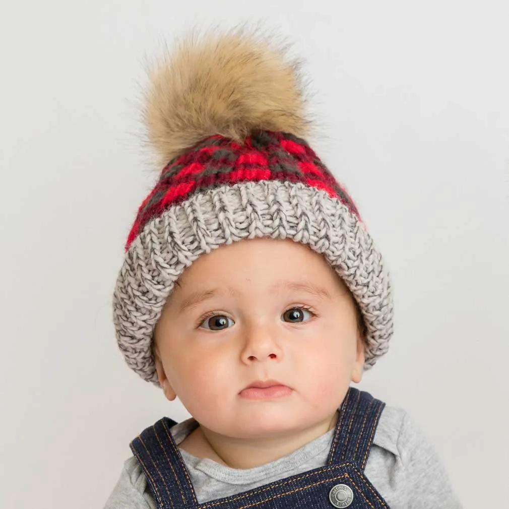 Huggalugs Pom Pom Beanie - Red Buffalo Check