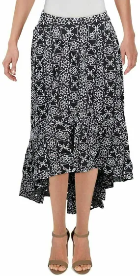 INC Women's Black & White Cotton Eyelet Embroidered Hi-Low Midi Skirt Size XS