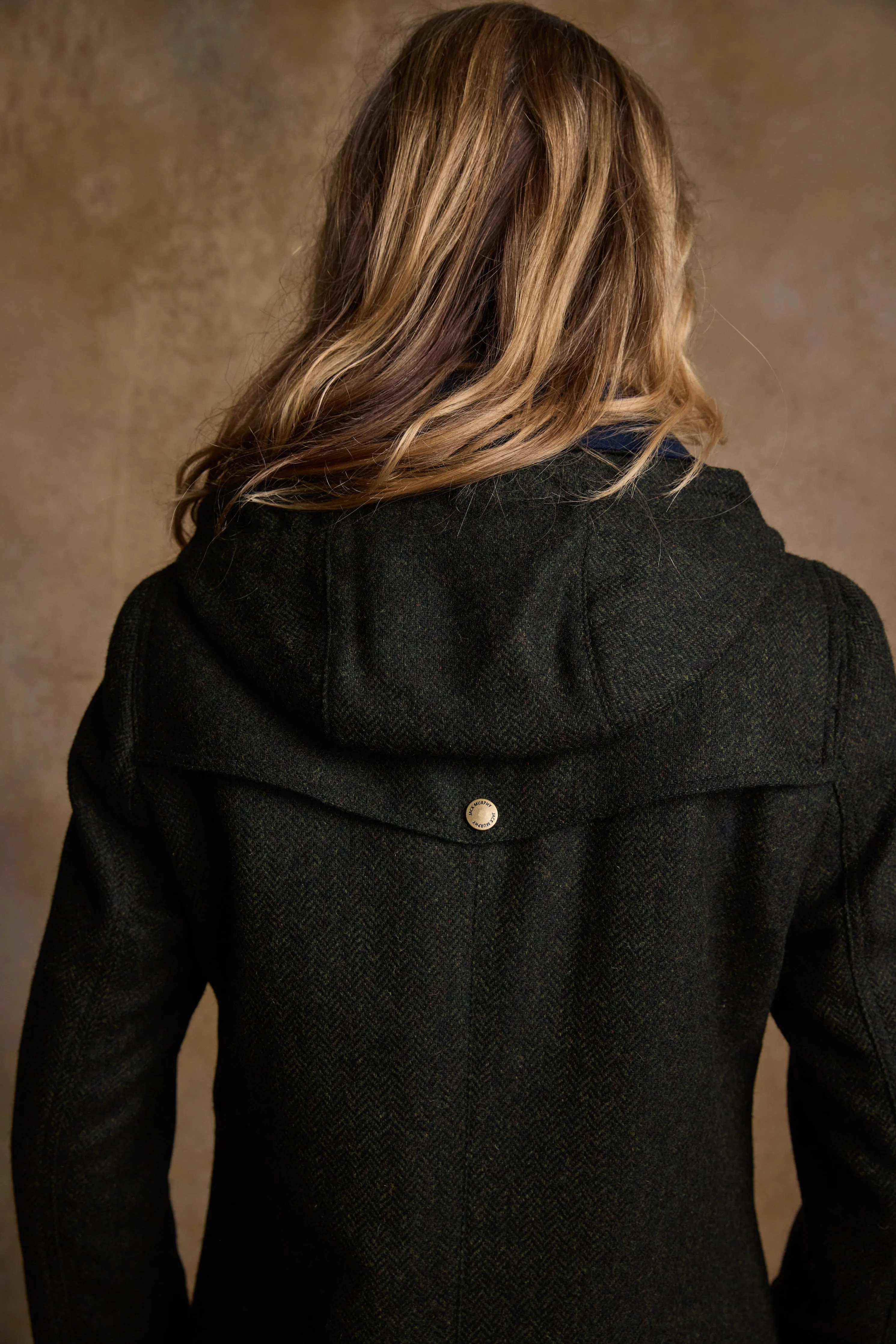 Julia Long Tweed Coat - Deep Green Herringbone