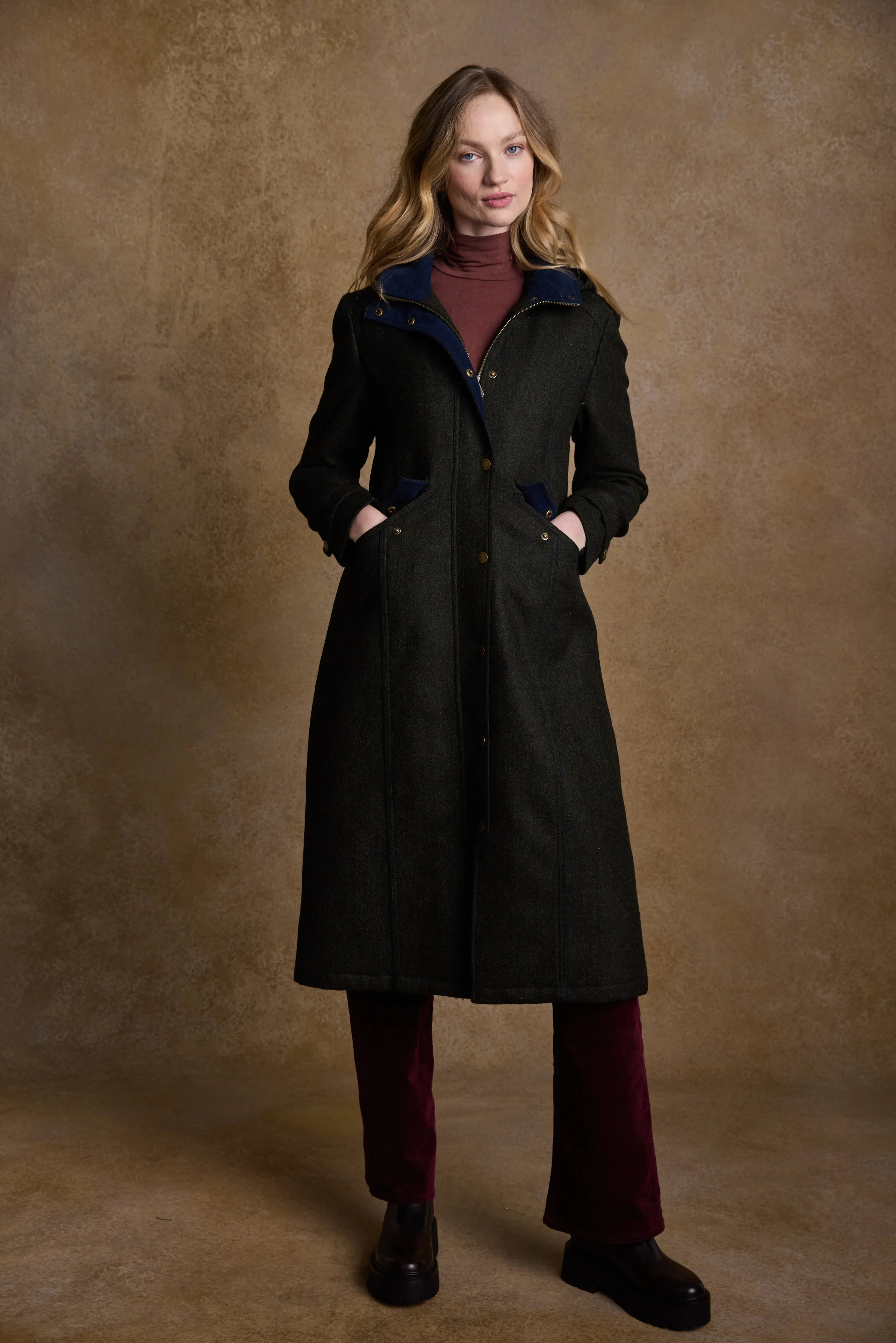 Julia Long Tweed Coat - Deep Green Herringbone