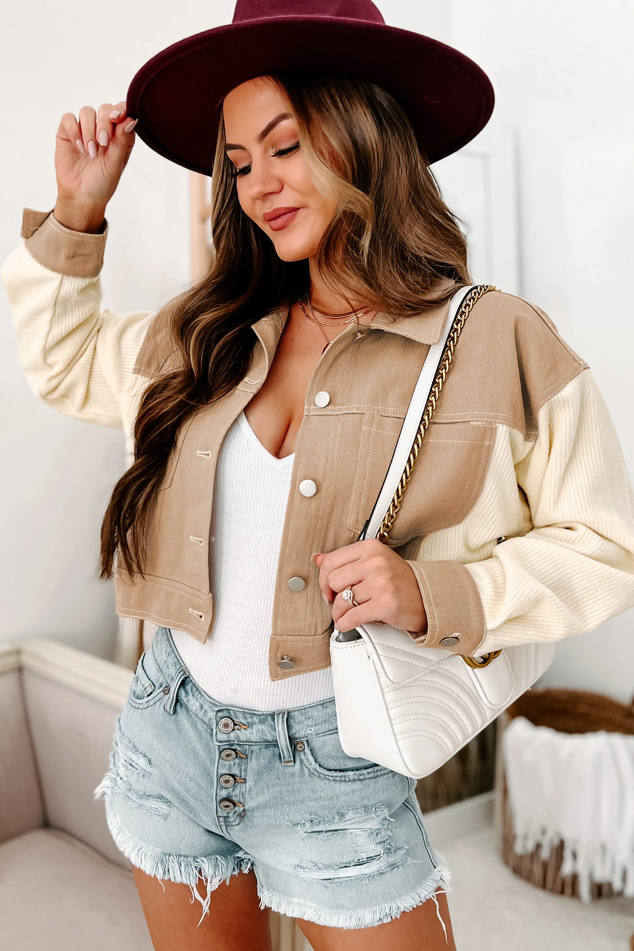 Jylan Cropped Contrast Knit Jacket (Taupe/Cream)