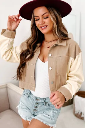 Jylan Cropped Contrast Knit Jacket (Taupe/Cream)