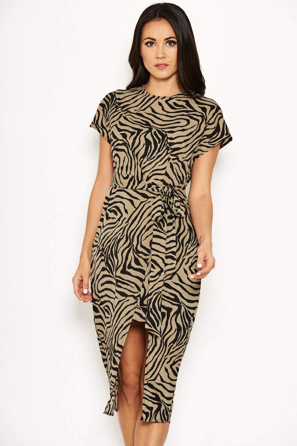 Khaki Animal Print Wrap Style Dress