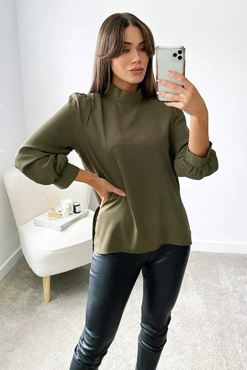 Khaki High Neck Dip Hem Blouse