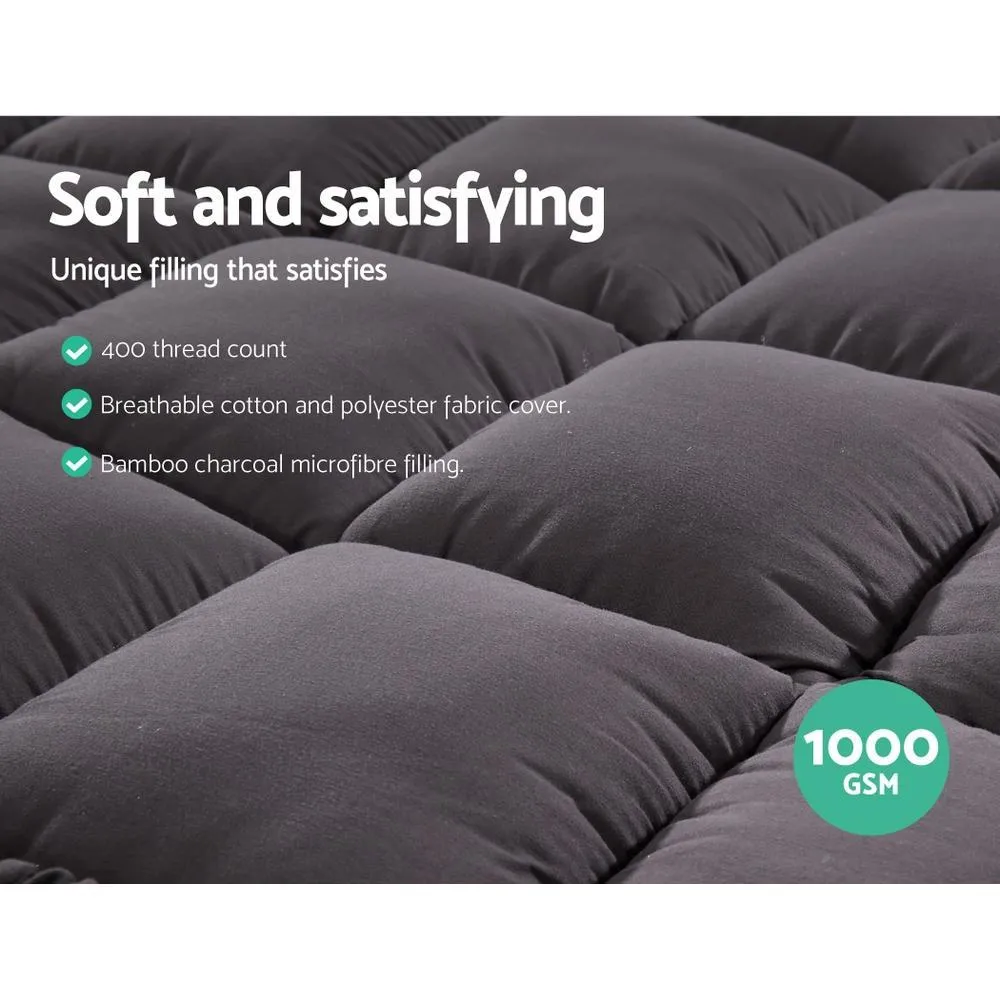 King Mattress Topper Pillowtop 1000GSM Charcoal Microfibre Bamboo Fibre Filling Protector