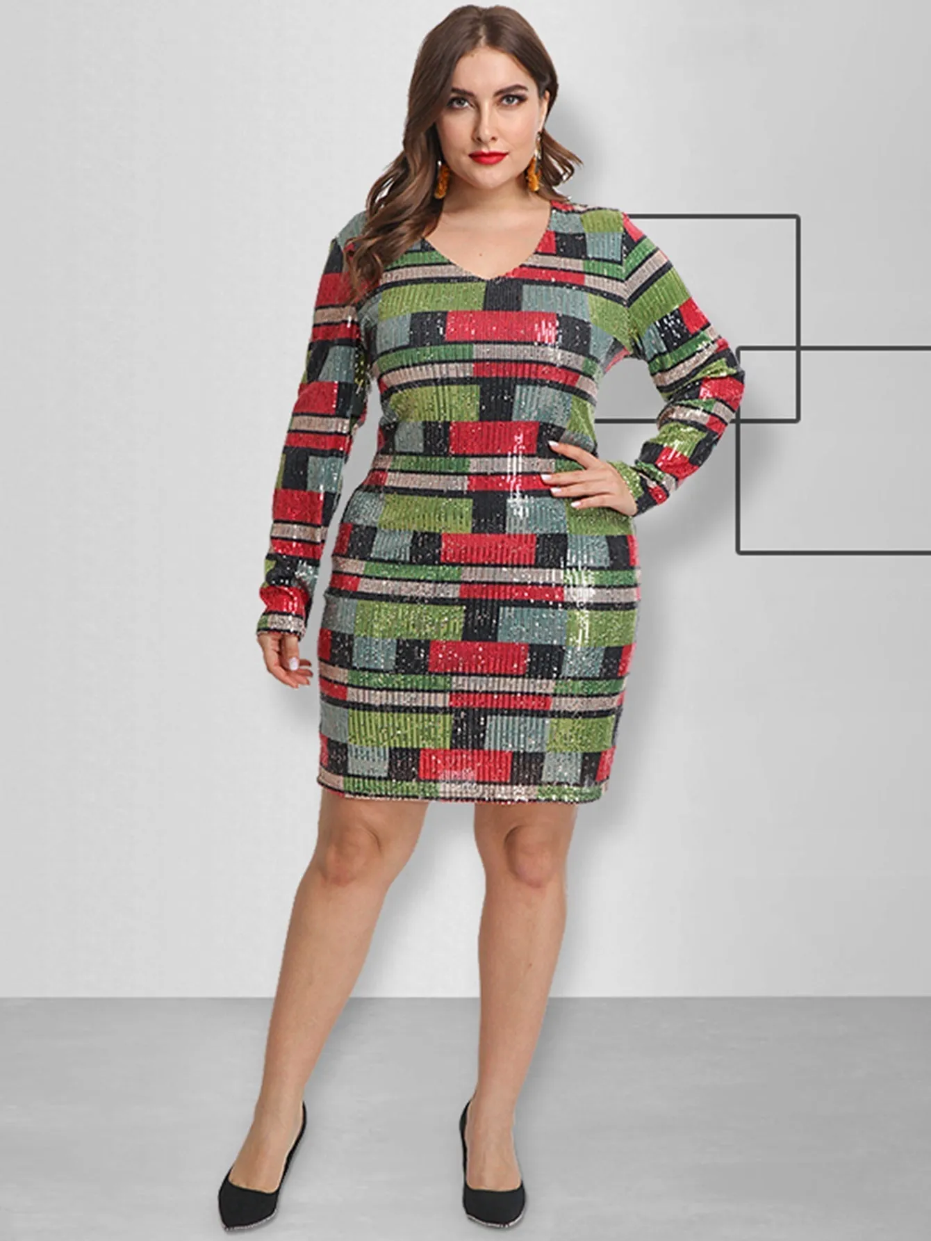 KittenAlarm - Plus Size Sequins Geometric Pattern Bodycon Dress