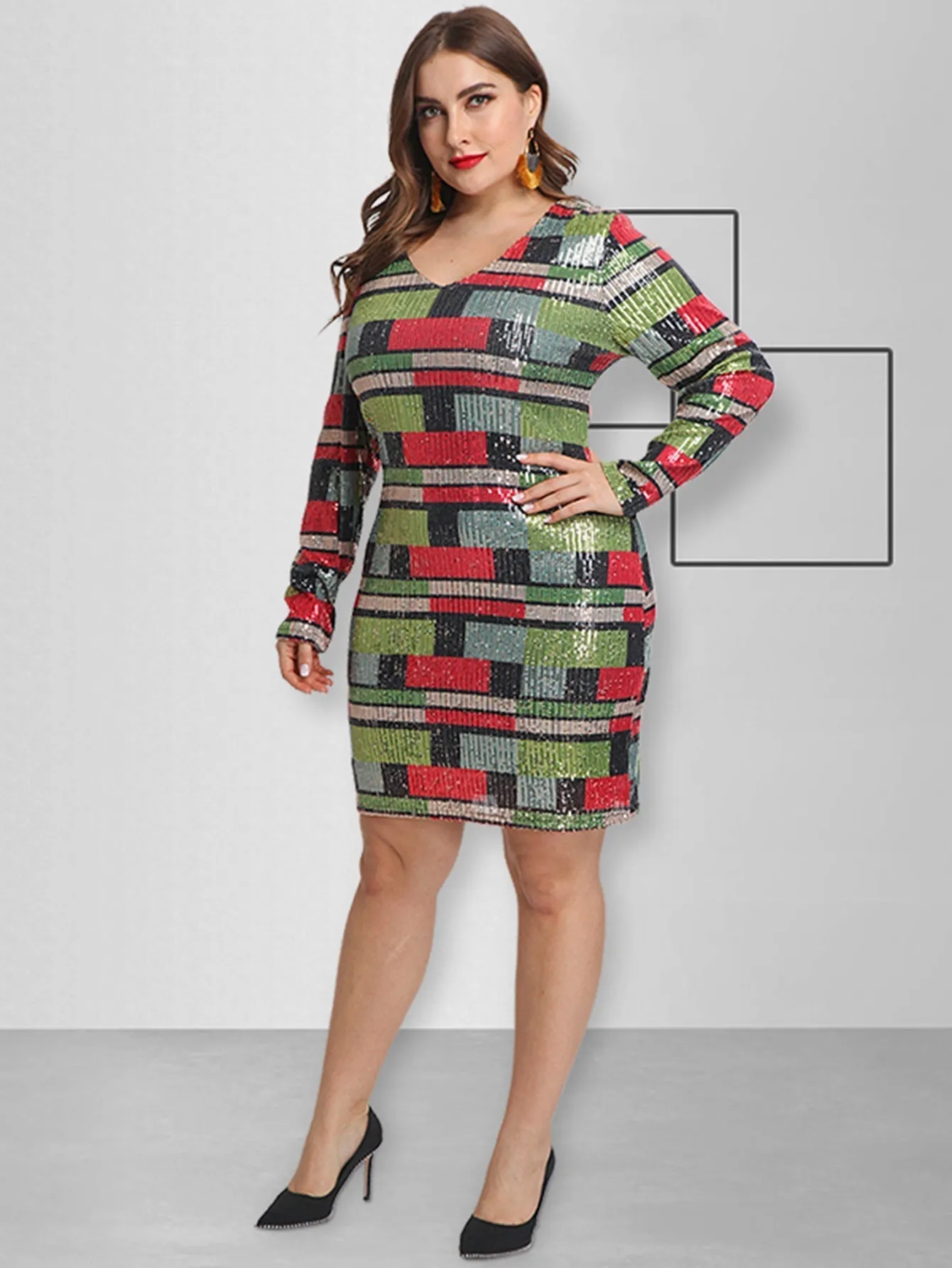 KittenAlarm - Plus Size Sequins Geometric Pattern Bodycon Dress