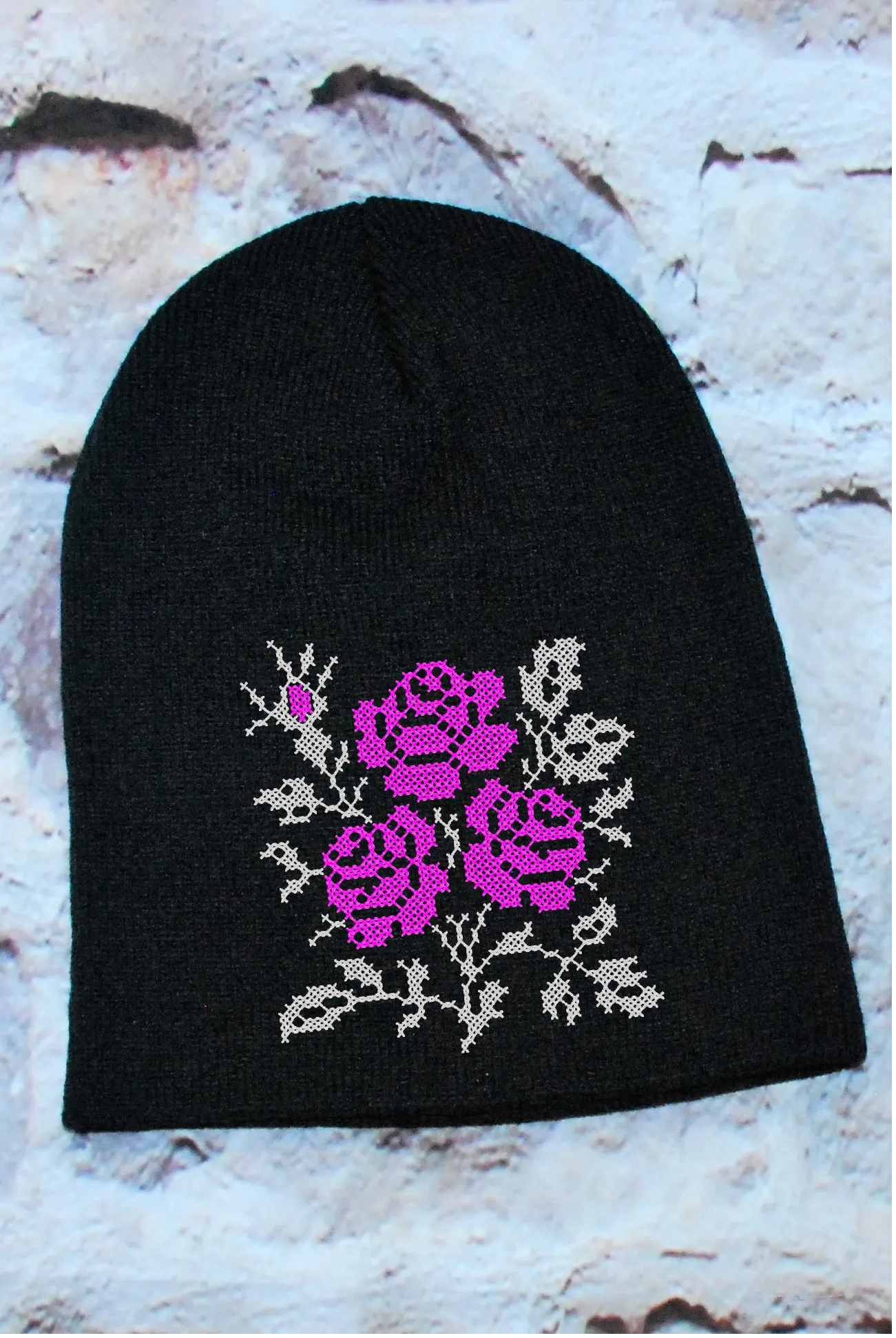 Knitted embroidered beanie hat "Roses"