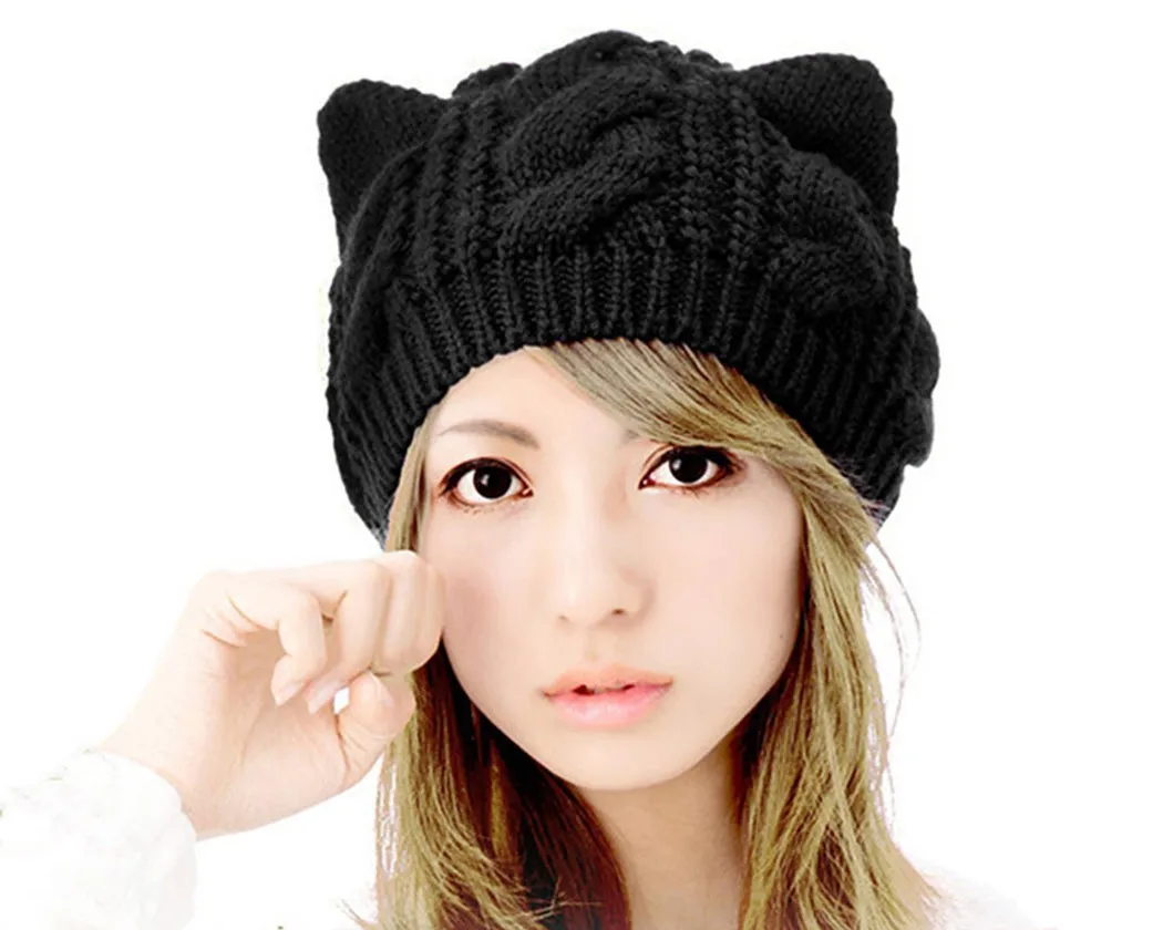 Korean Style Women Winter Cat Ear Knit Hat - Black