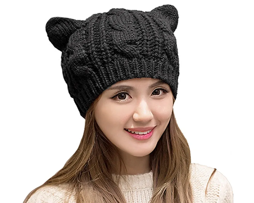 Korean Style Women Winter Cat Ear Knit Hat - Black