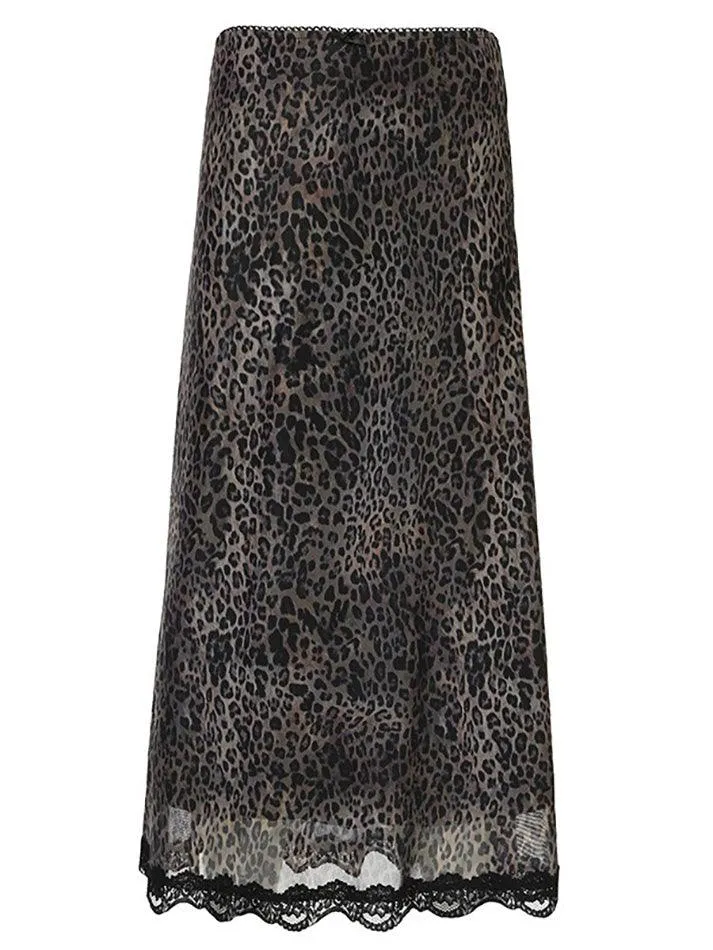 LANFUBEISI - Vintage Leopard Print Lace Halter Skirt