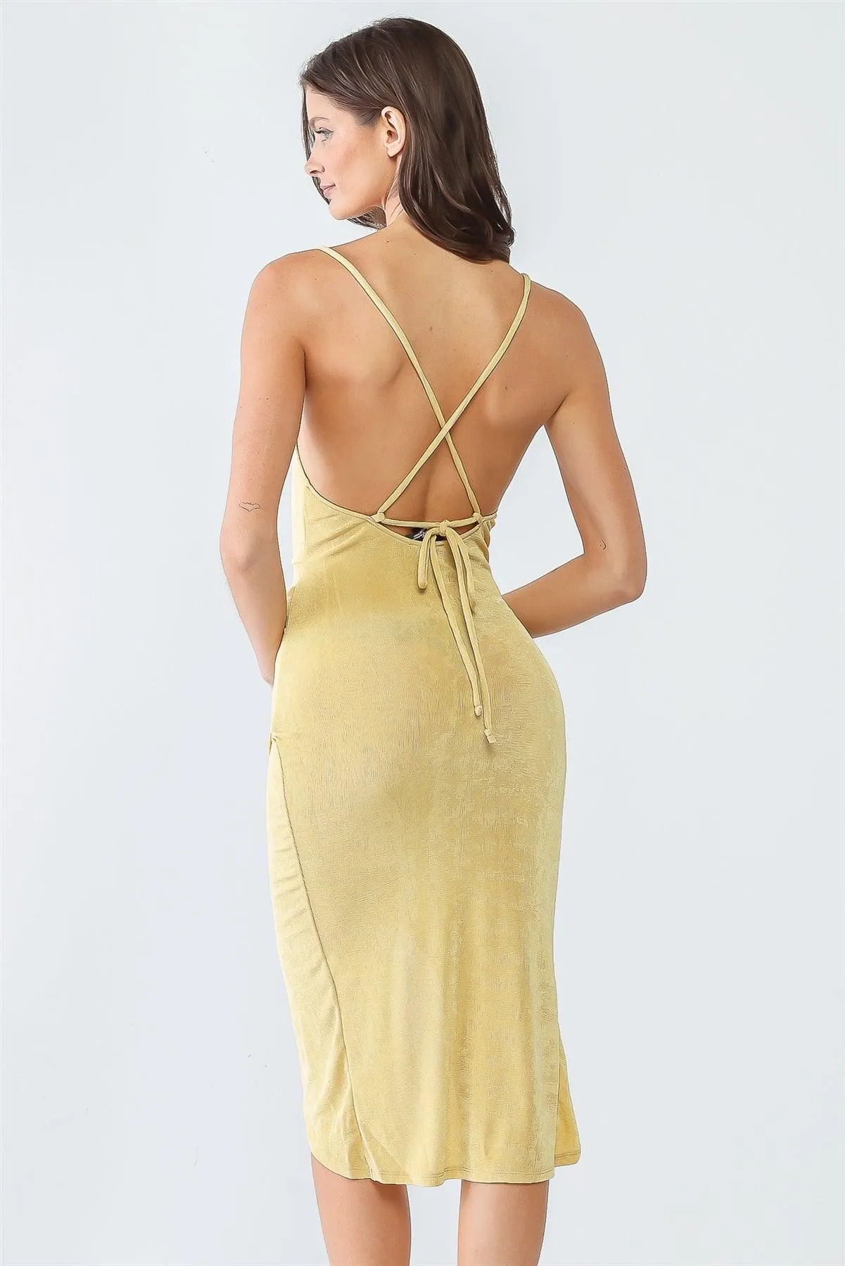 Light Mustard Cowl Neck Strappy Wrap Hem Midi Dress /4-2-1