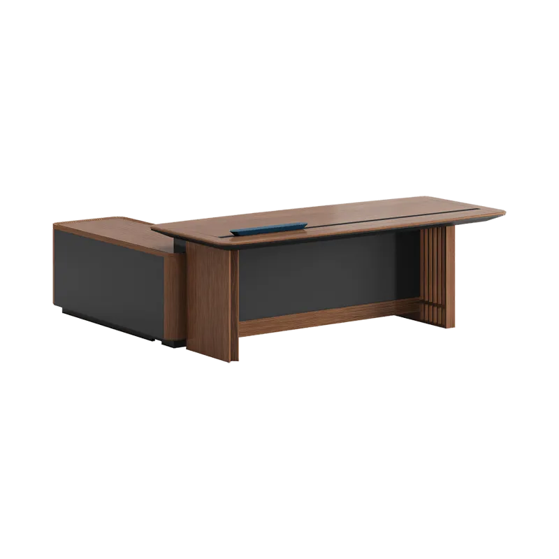 Luxury Office Executive Table L-shape Desk with curtain Sideboard  Wood grain Walnut LBZ-1058