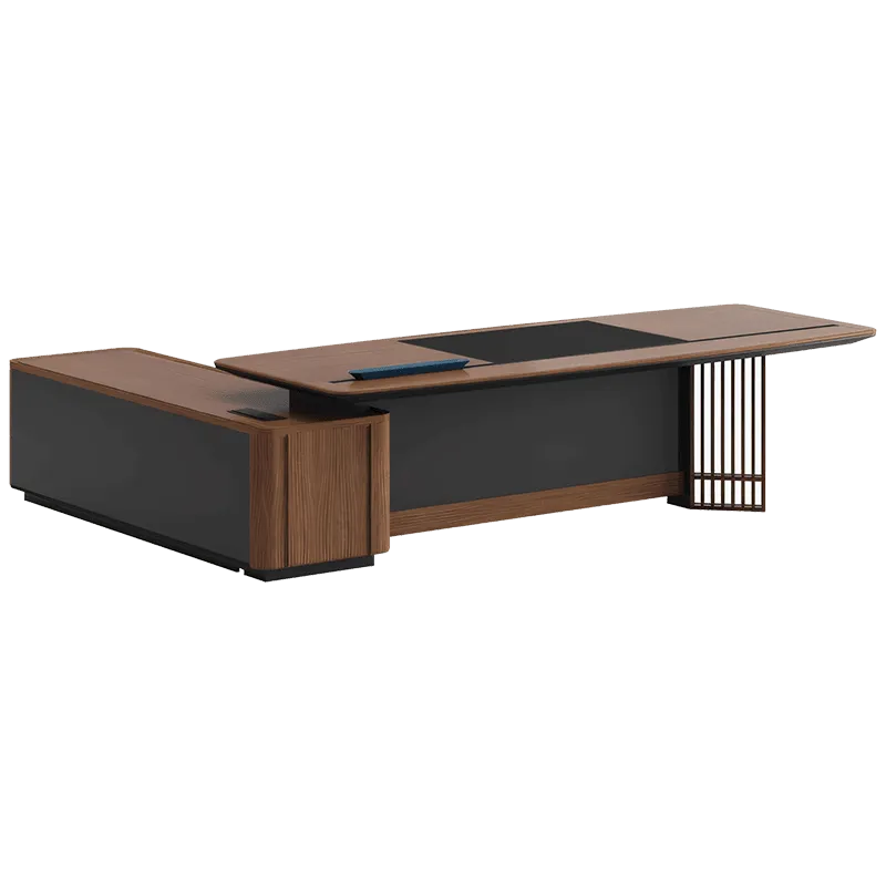 Luxury Office Executive Table L-shape Desk with curtain Sideboard  Wood grain Walnut LBZ-1058