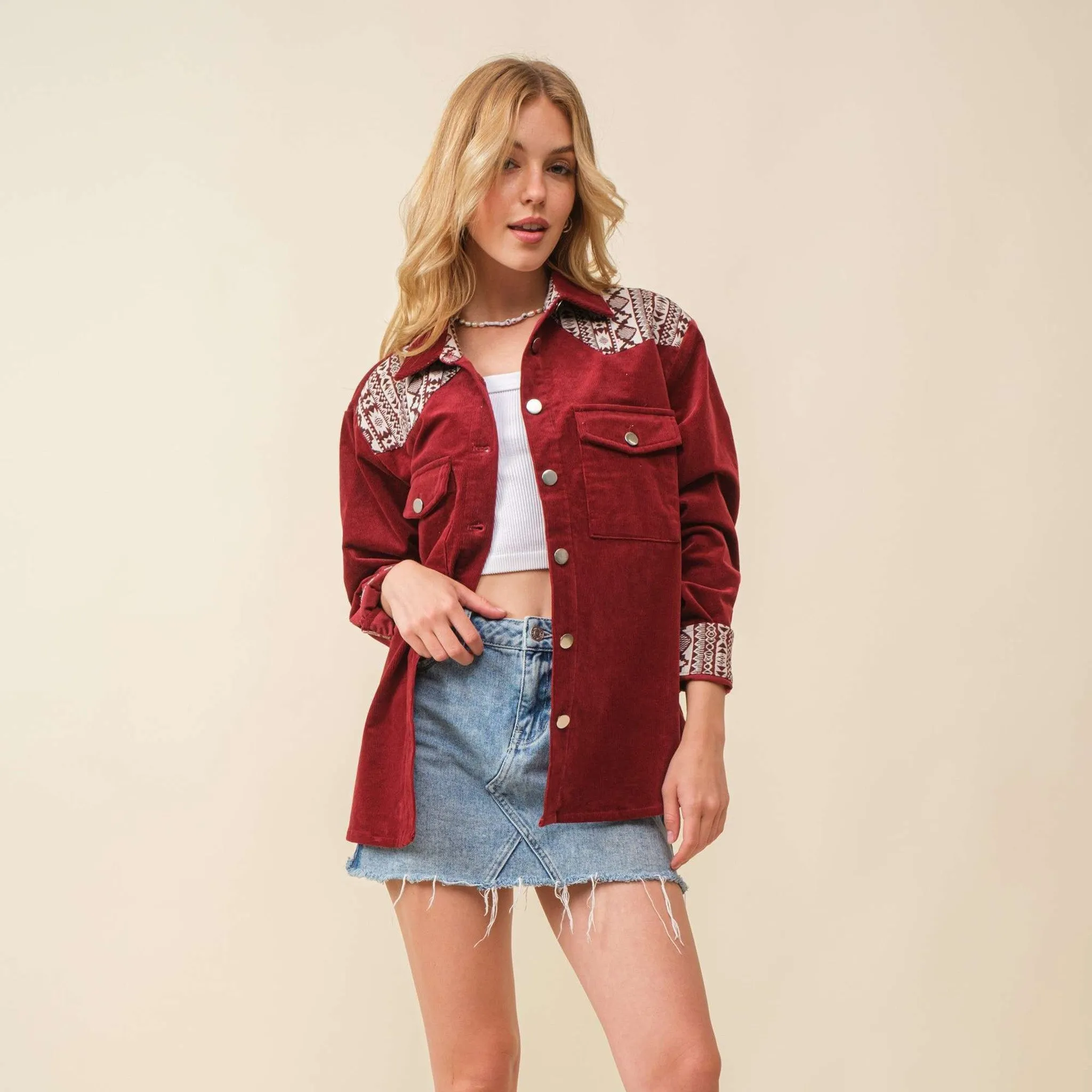 Main Strip Women's Maroon Aztec Corduroy Shacket