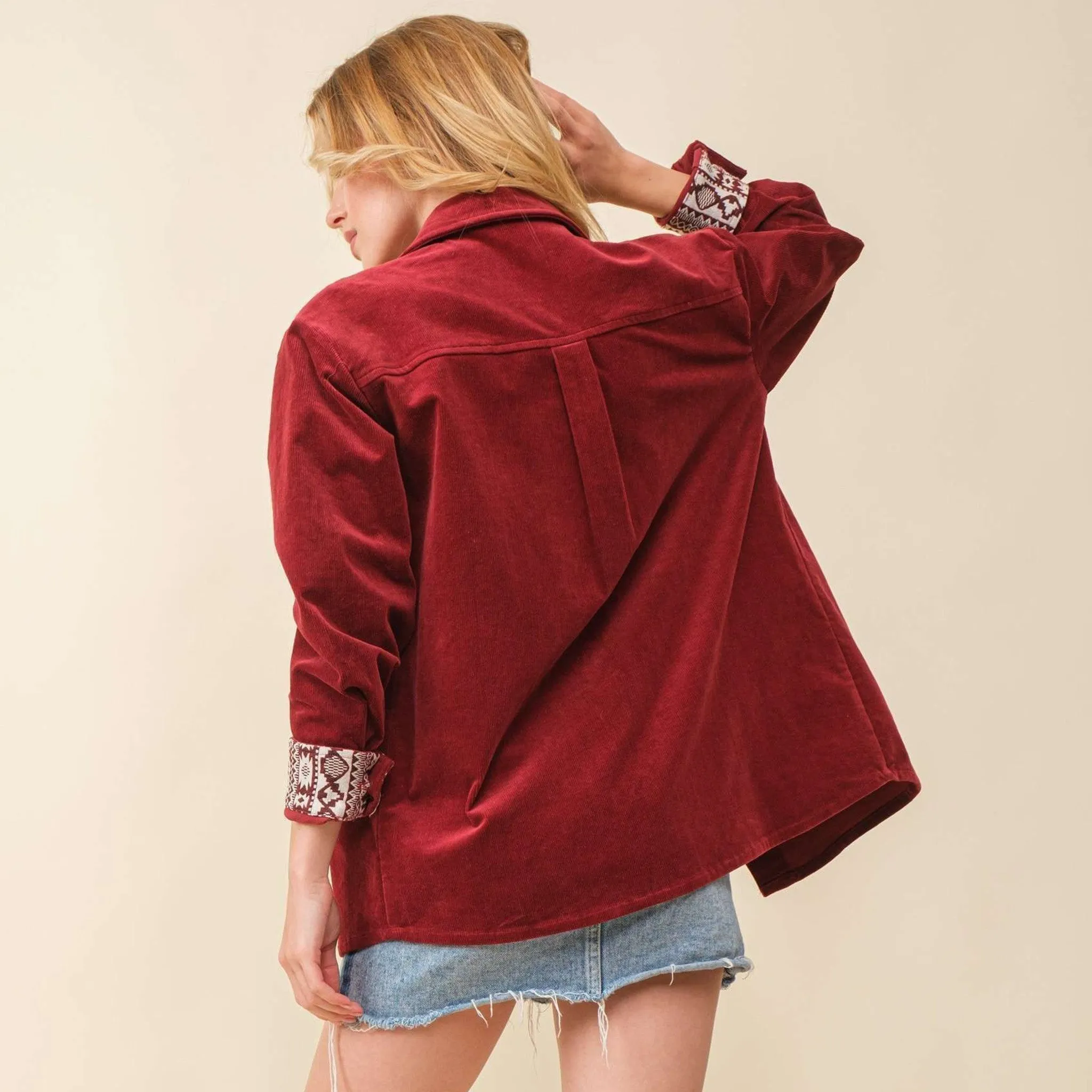 Main Strip Women's Maroon Aztec Corduroy Shacket