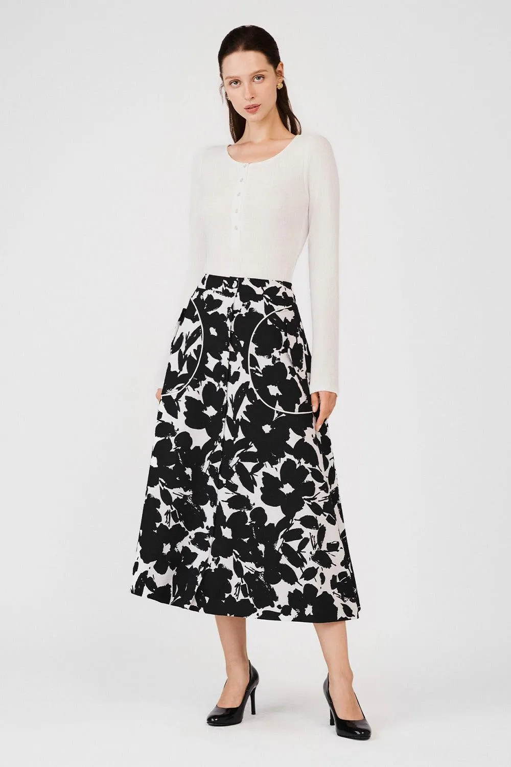 Makayla A-line Single Breasted Poly Silk Midi Skirt