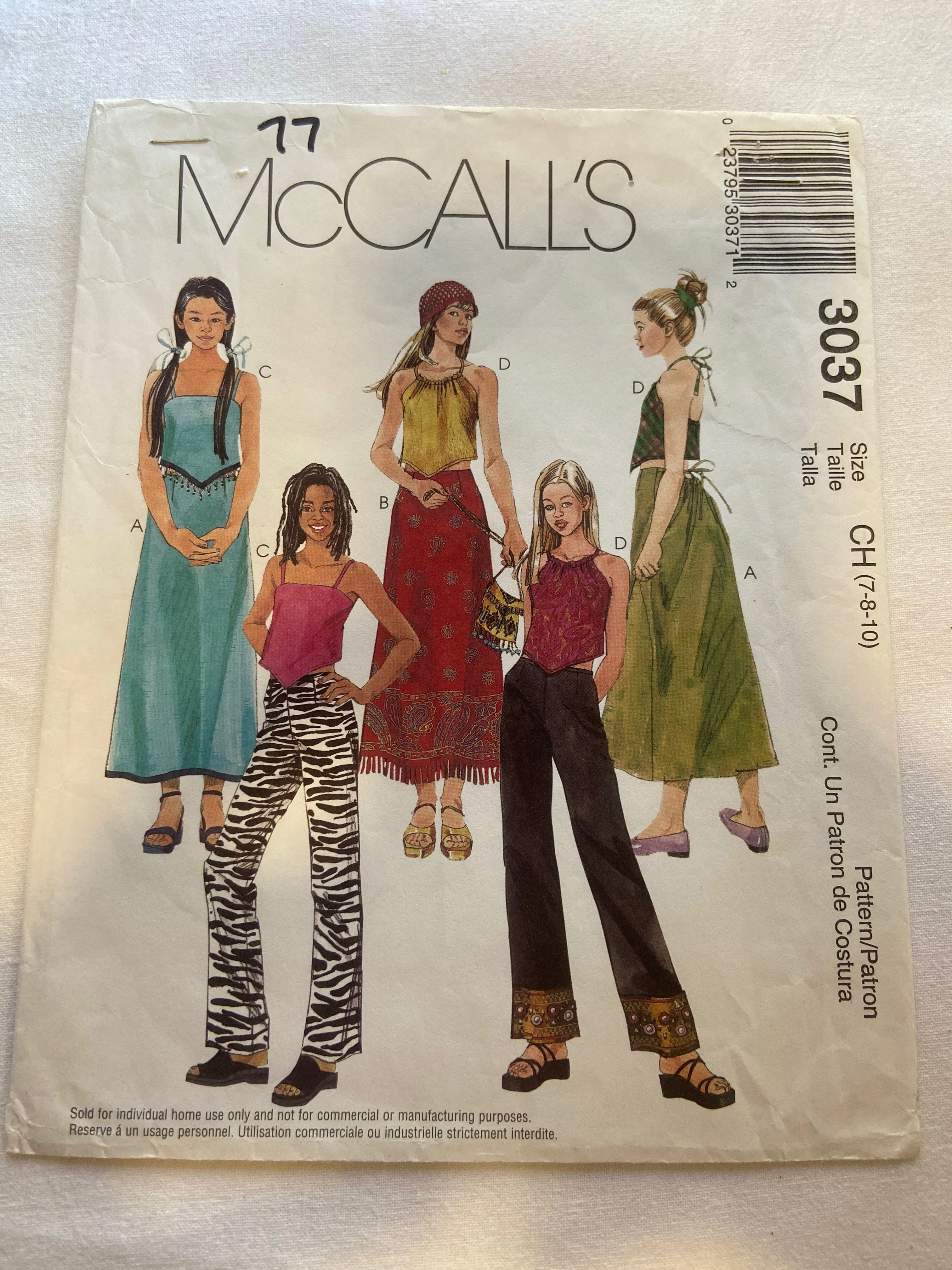 McCall's 3037 Pattern UNCUT Girls' Tops, Skirt, & Bootleg Pants Sizes 7-10