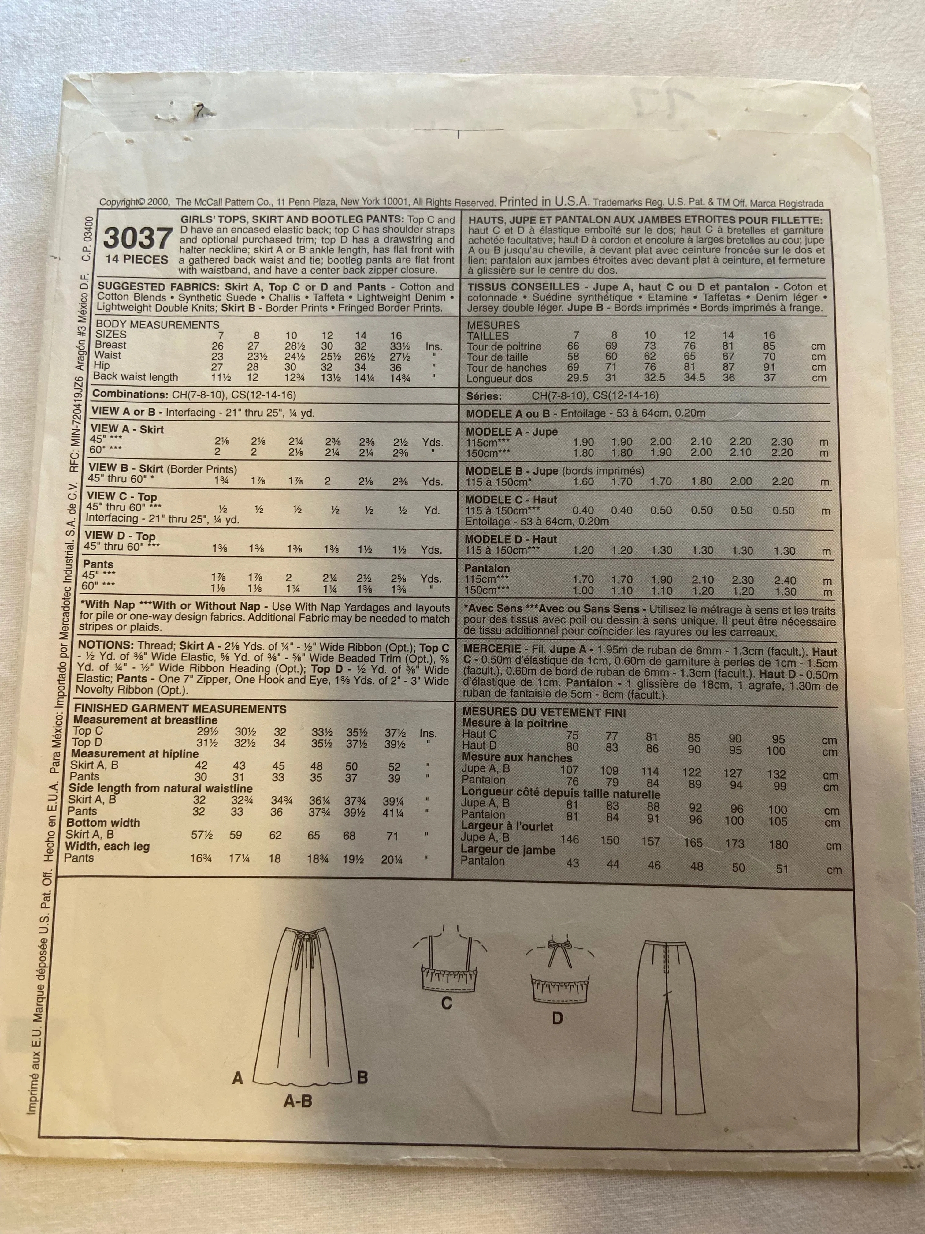 McCall's 3037 Pattern UNCUT Girls' Tops, Skirt, & Bootleg Pants Sizes 7-10