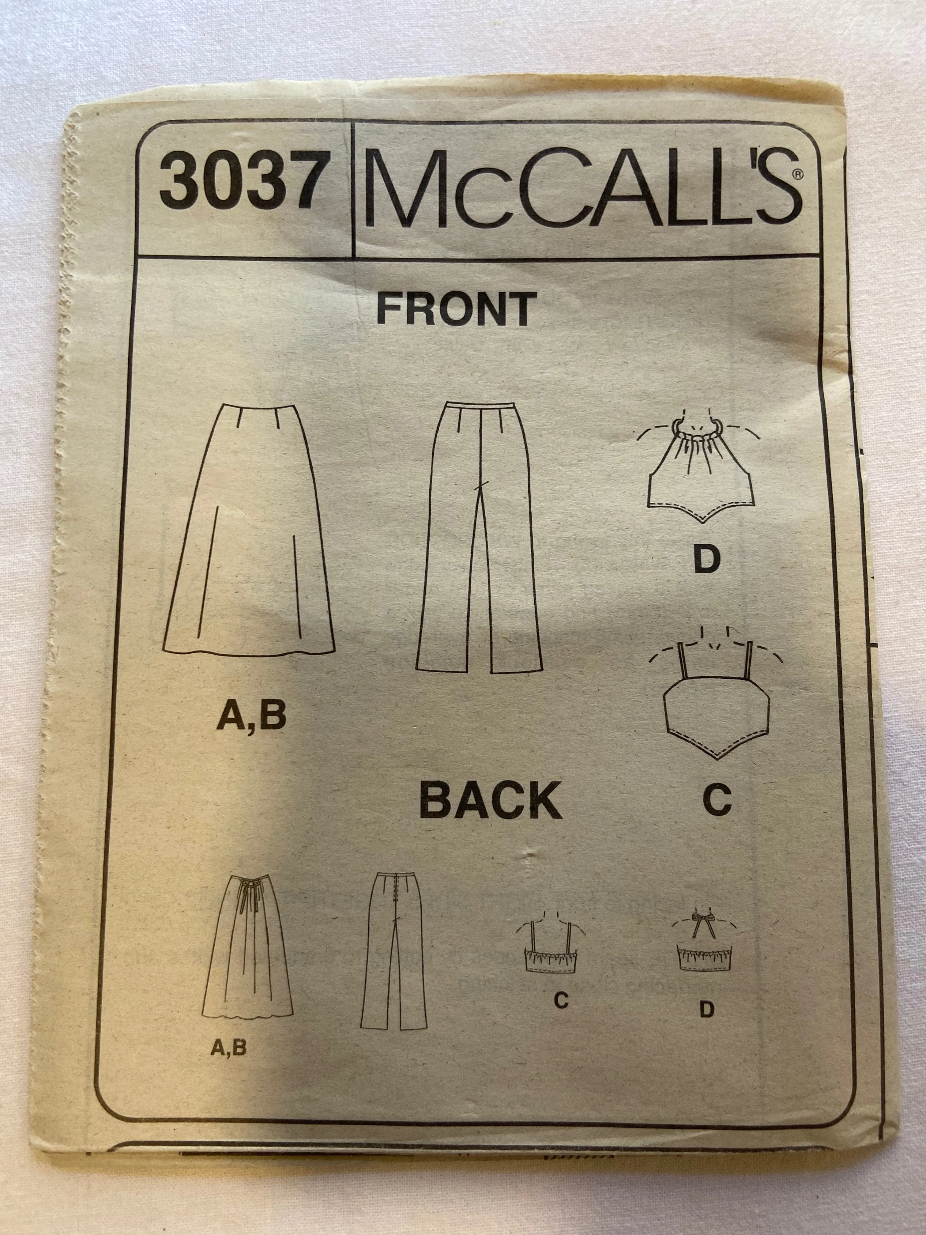 McCall's 3037 Pattern UNCUT Girls' Tops, Skirt, & Bootleg Pants Sizes 7-10