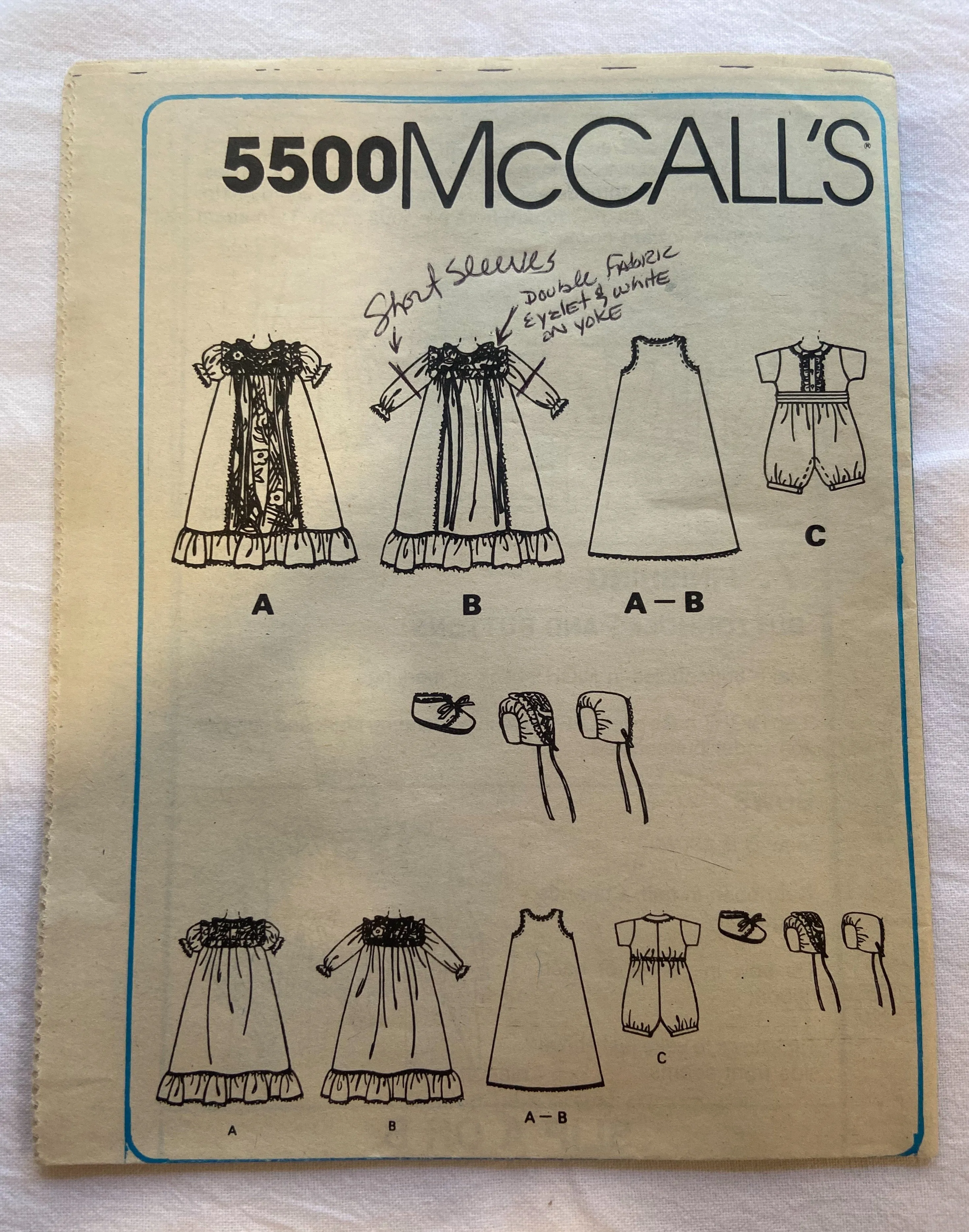 McCall's 5500 Pattern PARTIALLY CUT Infants' Gown & Slip, Romper, Bonnet & Booties NB/S/M