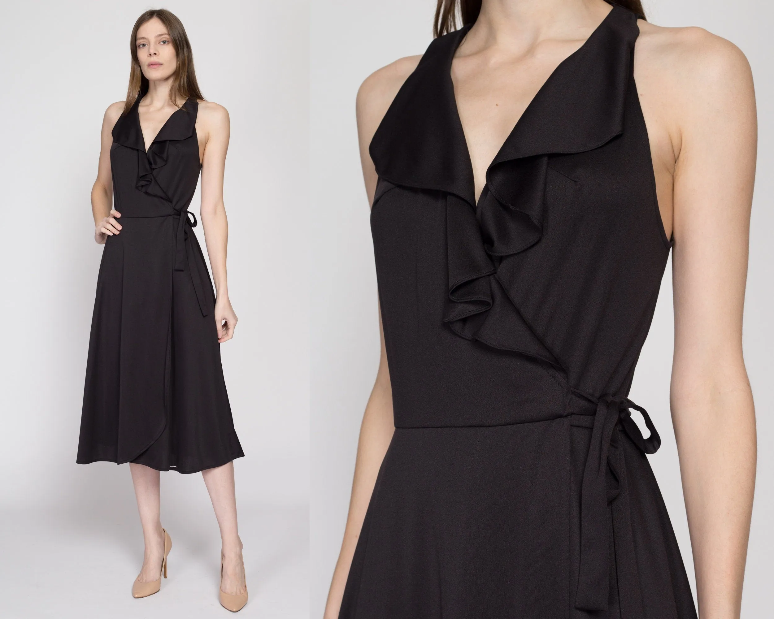 Medium 70s Black Wrap Midi Dress