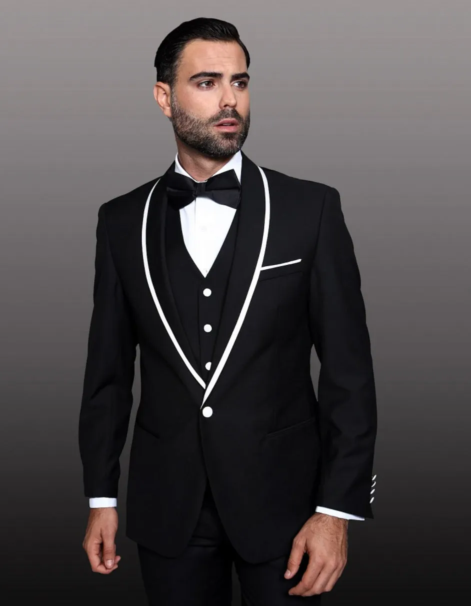 Mens One Button Satin Trim Shawl Tuxedo in Black & White