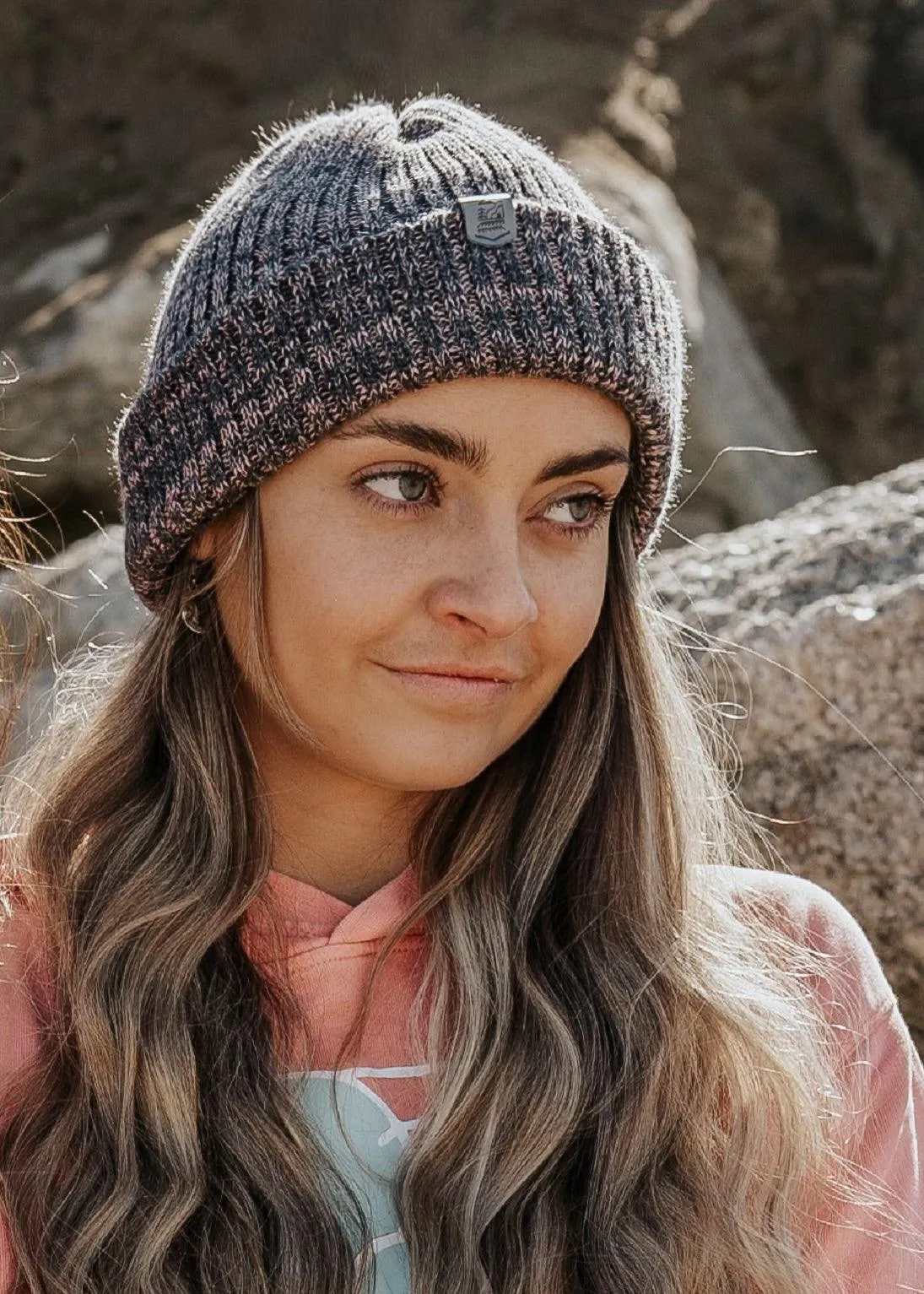 Merino Knit Double Cuff Beanie Hat in Rose & Charcoal