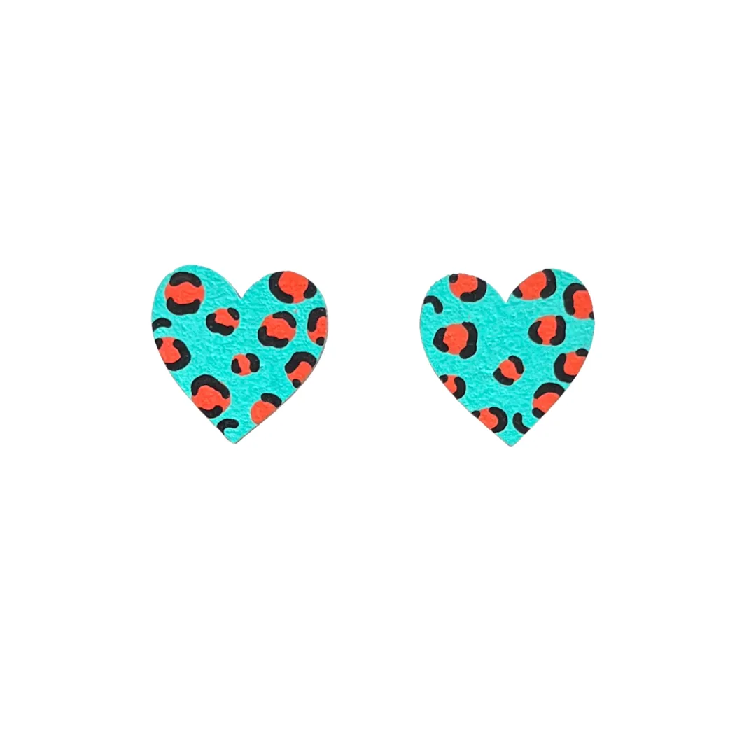 Midi leopard print heart studs in teal and orange wooden