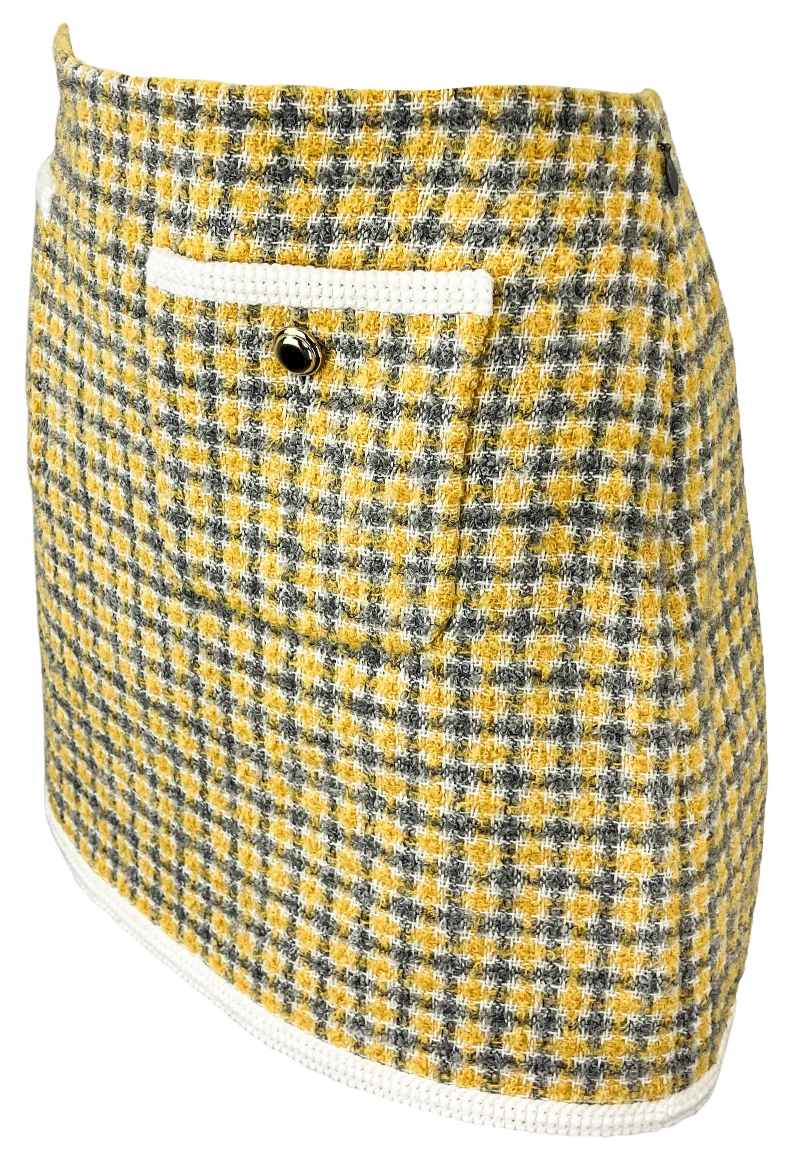 Miu Miu Bouclé Check Print Mini Skirt in Banana Yellow/Light Grey/White