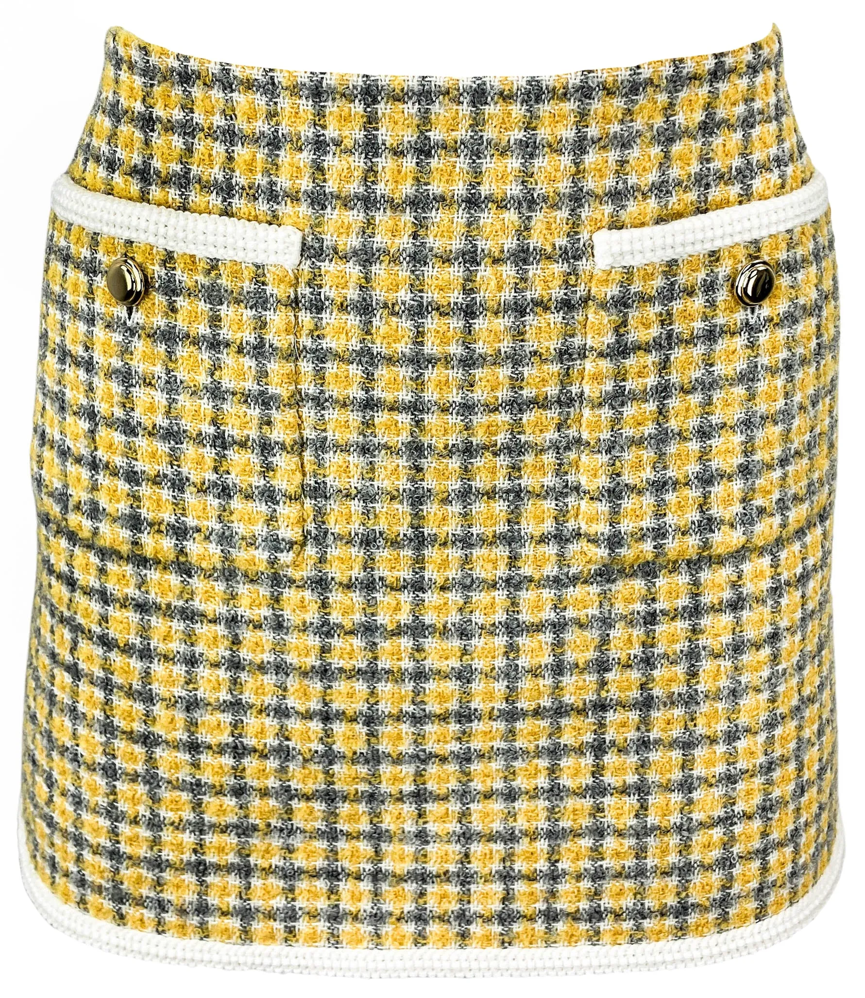 Miu Miu Bouclé Check Print Mini Skirt in Banana Yellow/Light Grey/White