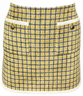 Miu Miu Bouclé Check Print Mini Skirt in Banana Yellow/Light Grey/White