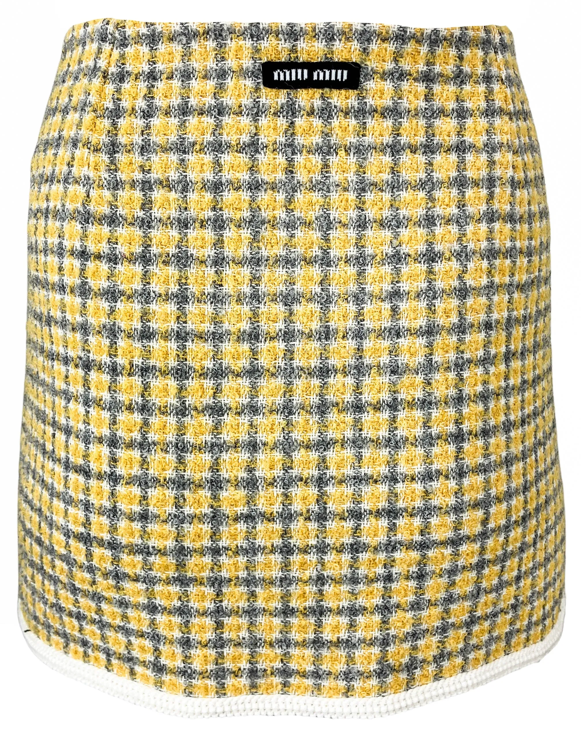 Miu Miu Bouclé Check Print Mini Skirt in Banana Yellow/Light Grey/White