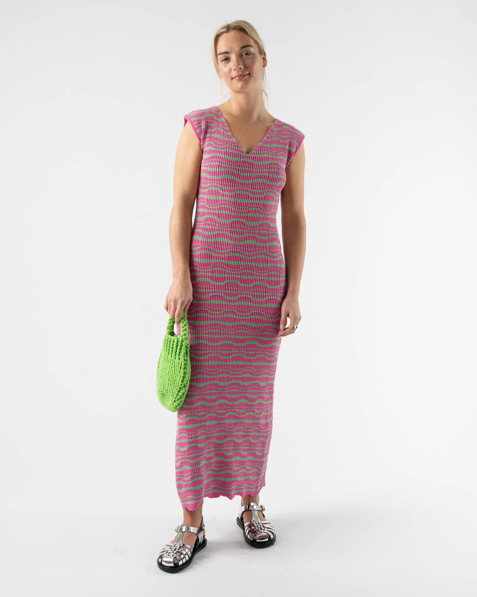 Mozhdeh Matin Wavy Midi Dress in Fuschia/Green