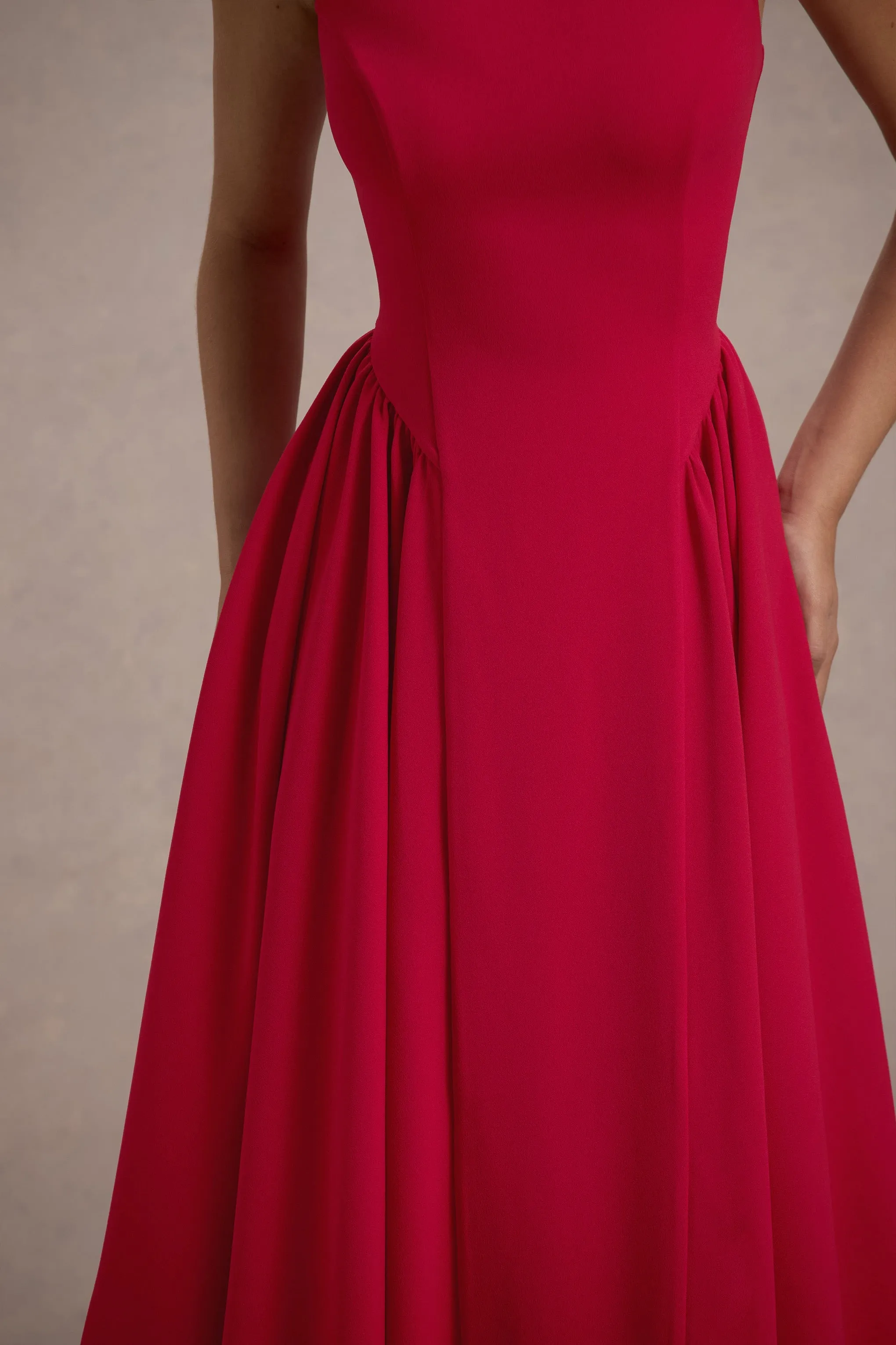 Muriel | Red Boat-Neck Volume-Hem Midi Dress